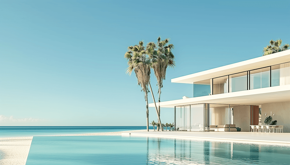 Modern beachfront villa with palm trees and a swimming pool overlooking the ocean.