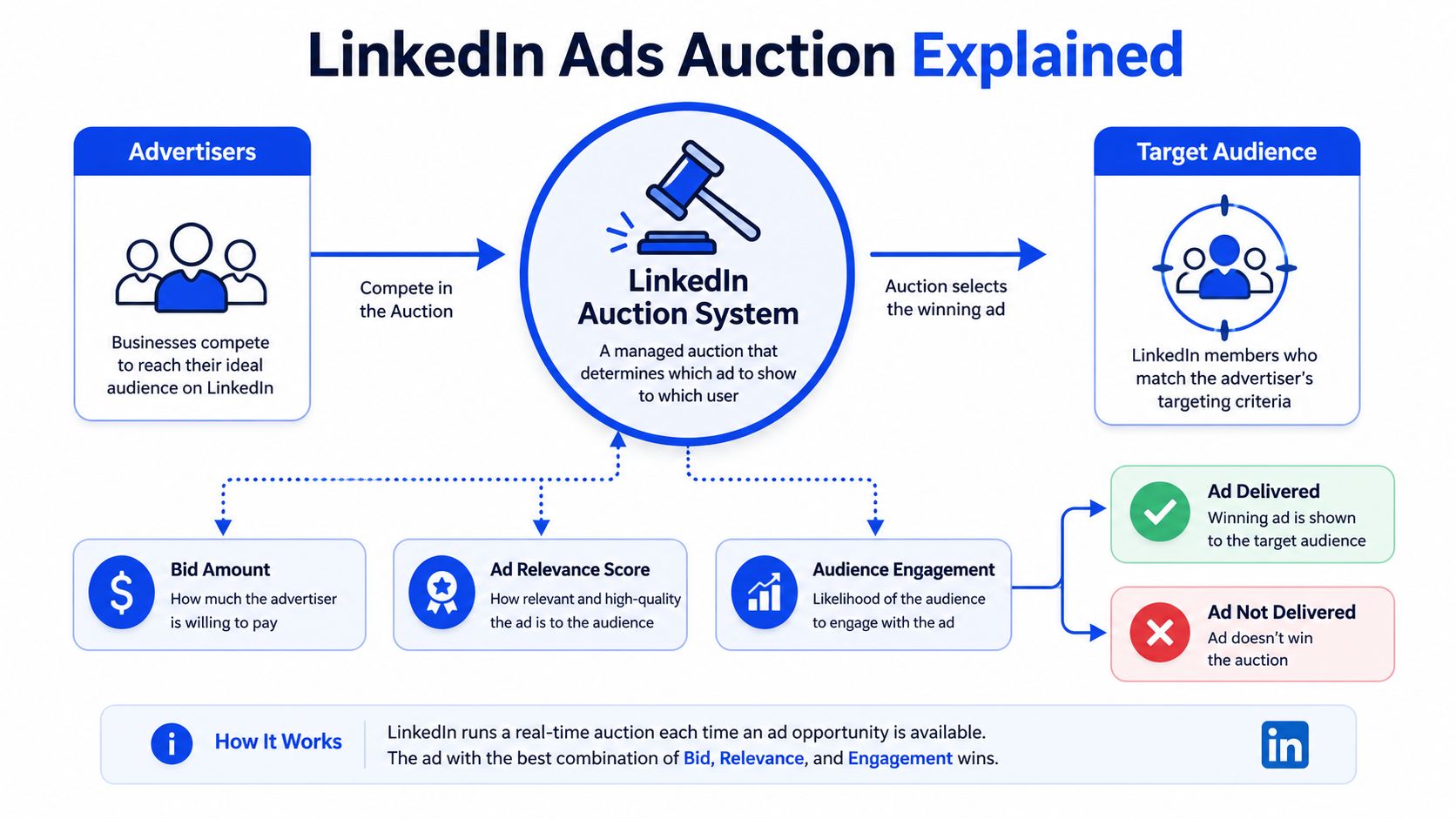 A diagram explaining the LinkedIn Ads auction system based on bid amount, relevance score, and audience engagement.