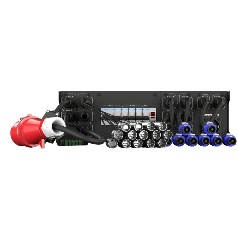 Amplifier rack with red plug and multiple output connectors.