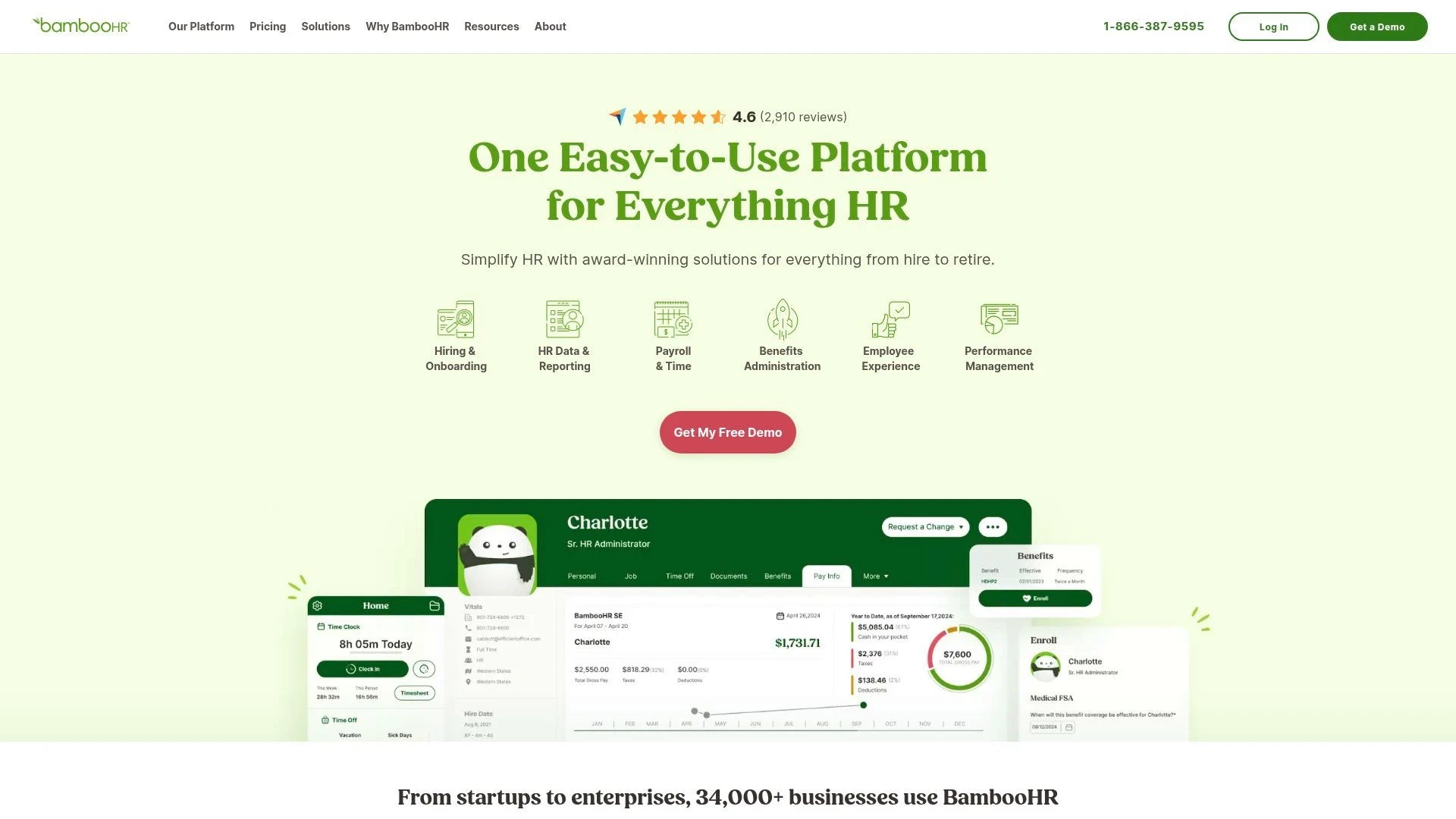 BambooHR homepage showing platform features and interface demo with 4.6 star rating