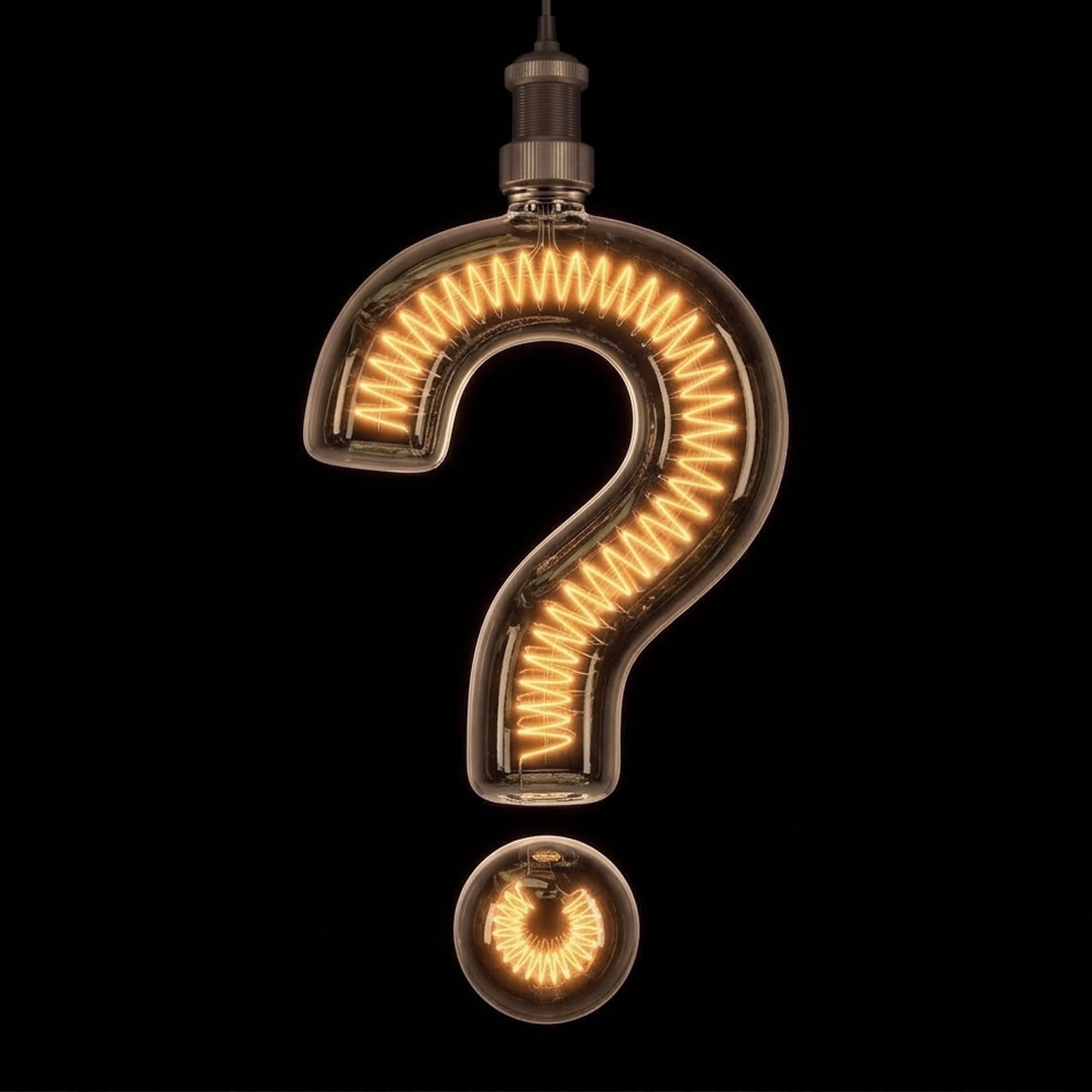 Illuminated question mark shaped like a filament light bulb against a black background