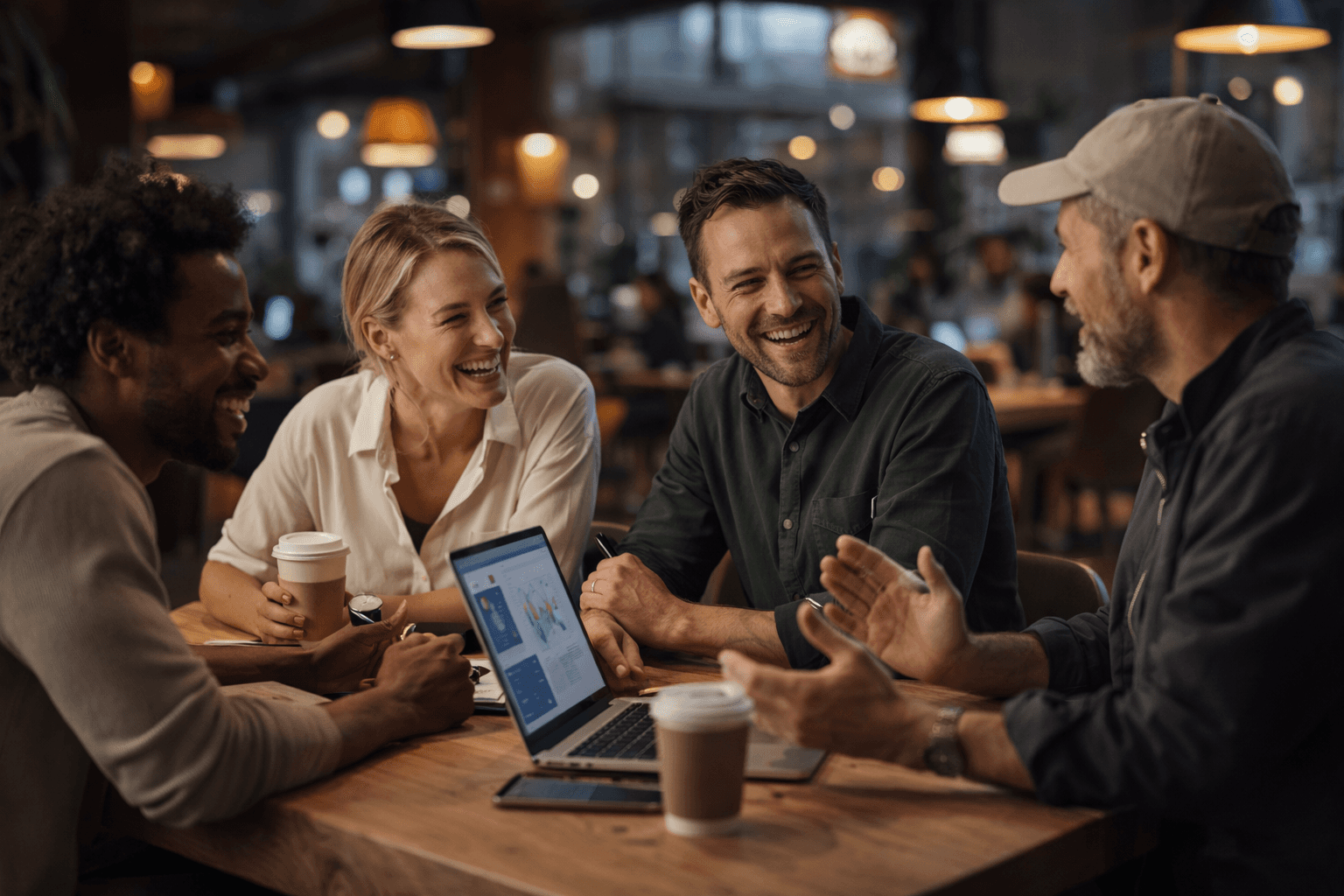 Profissionais em coworking colaborando e trocando ideias, representando conexões, networking e oportunidades de crescimento.