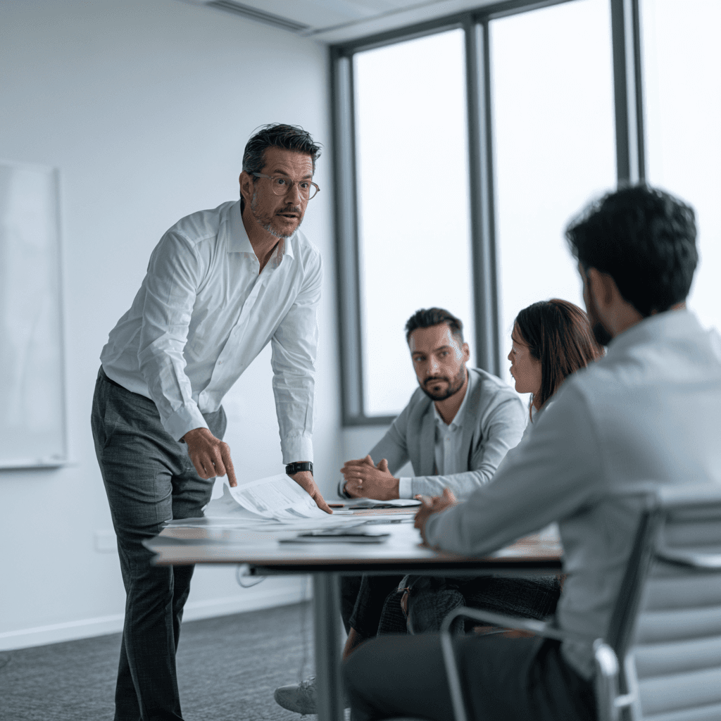Man leading a small meeting while two colleagues stay silent at the table