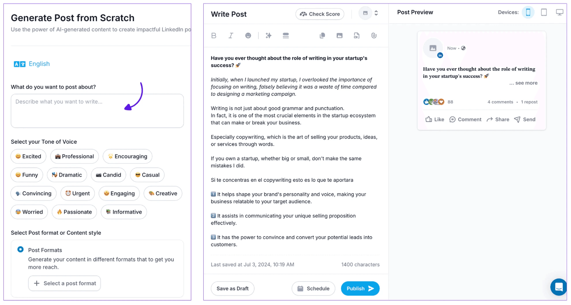 Supergrow's AI LinkedIn post generator, displaying a pane for ideation and fine-tuning, and a pane for the actual generated post and its preview
