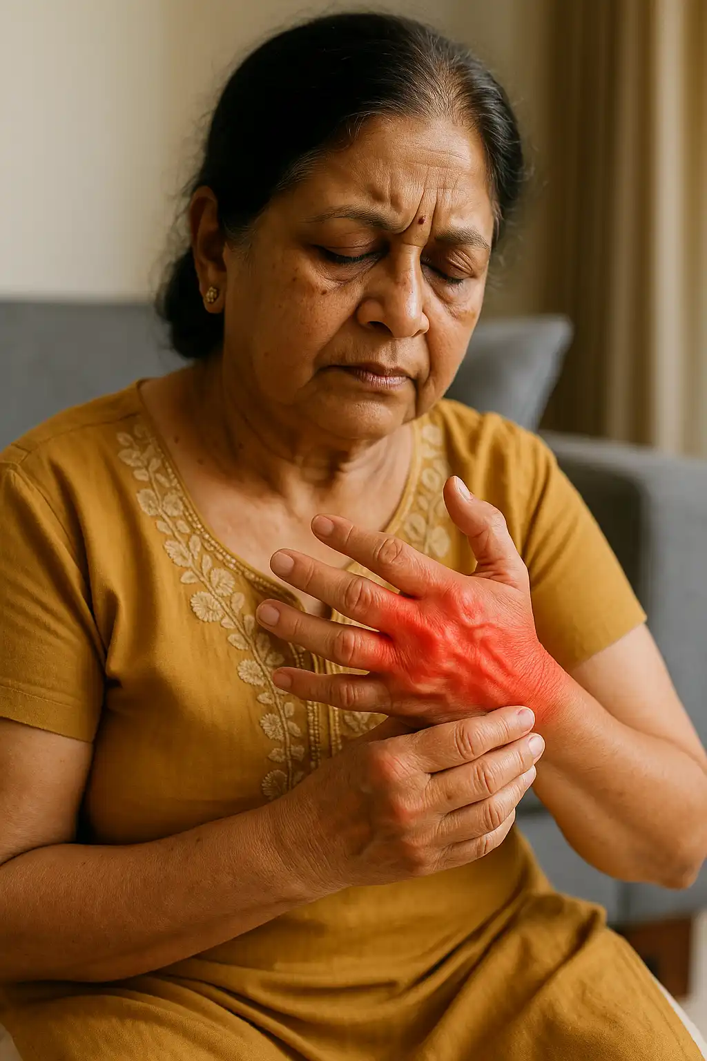 An elderly woman holding her painful, reddened hand with a concerned expression, showing inflammation typical of rheumatoid arthritis.