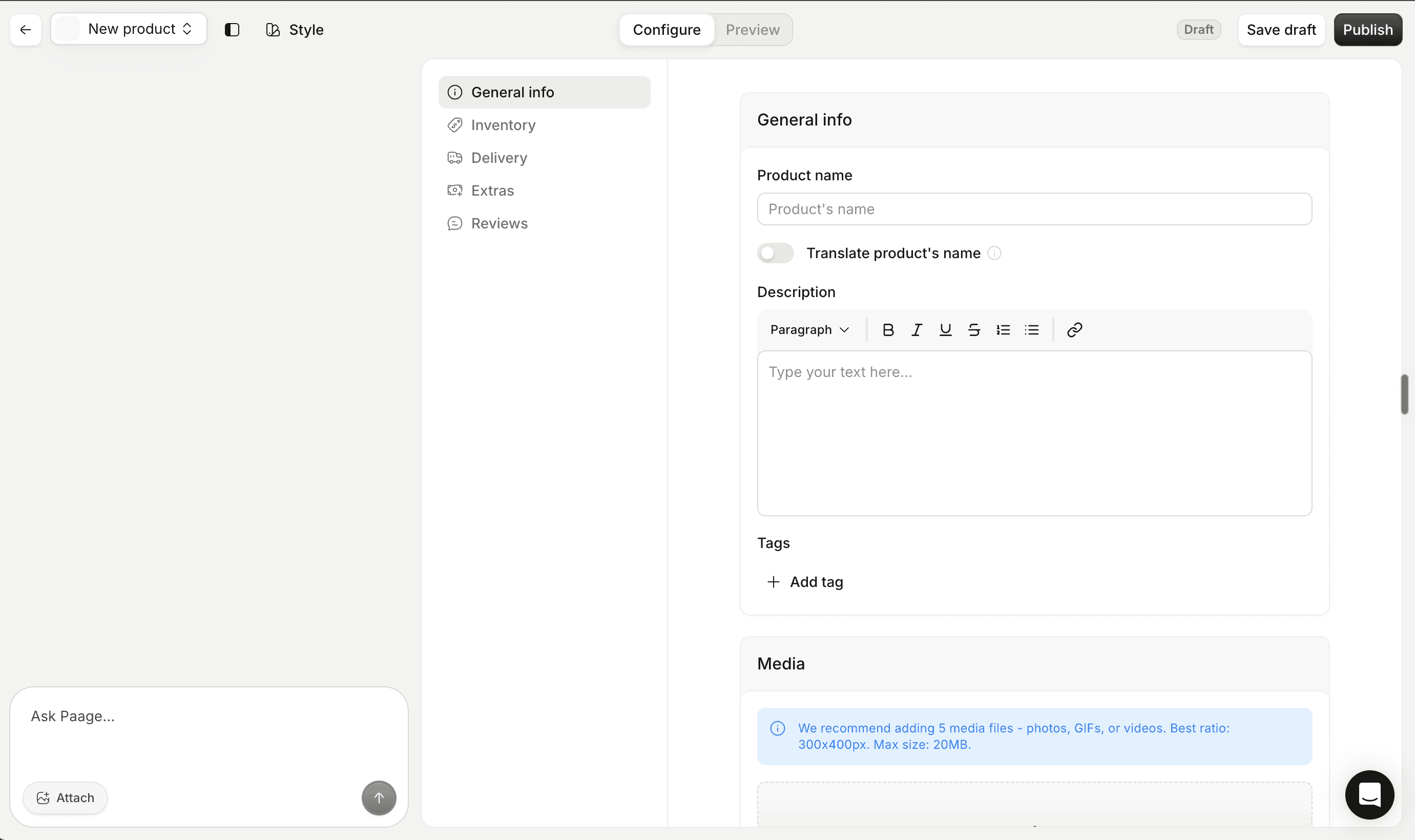 Paage new product screen showing name, description, and photo fields for a physical product