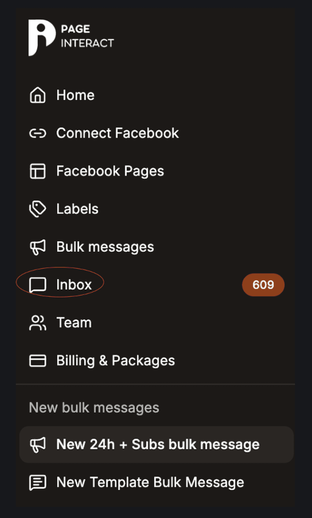 Page Interact sidebar with Inbox highlighted