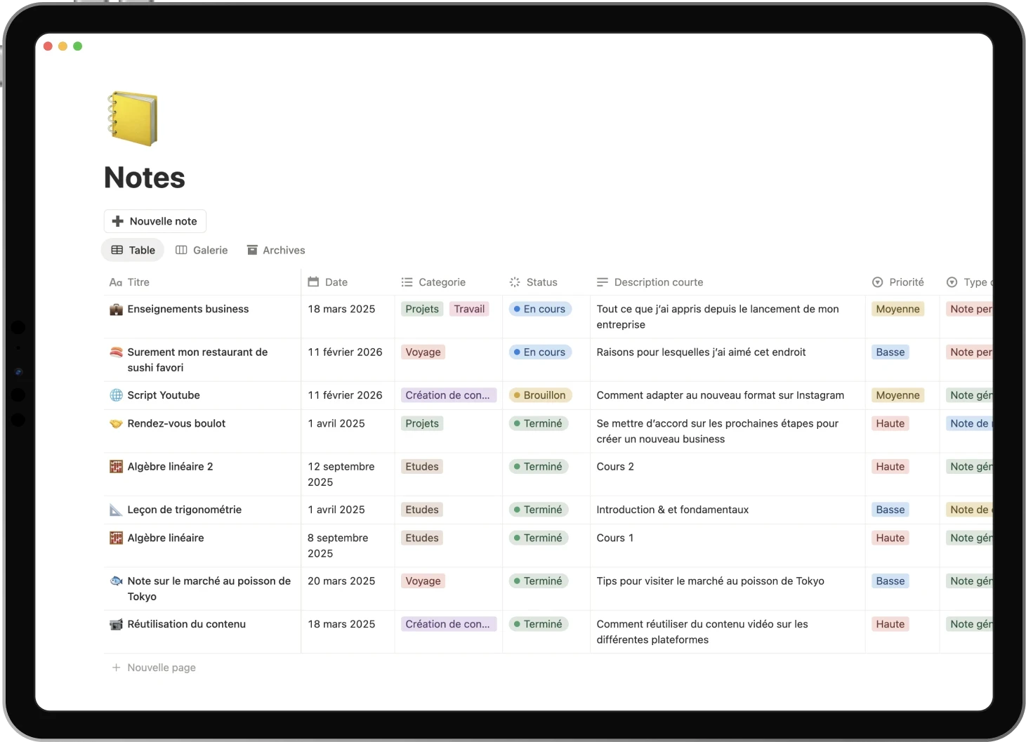 Ipad displaying the Notes template: Gather all your notes in the same place.