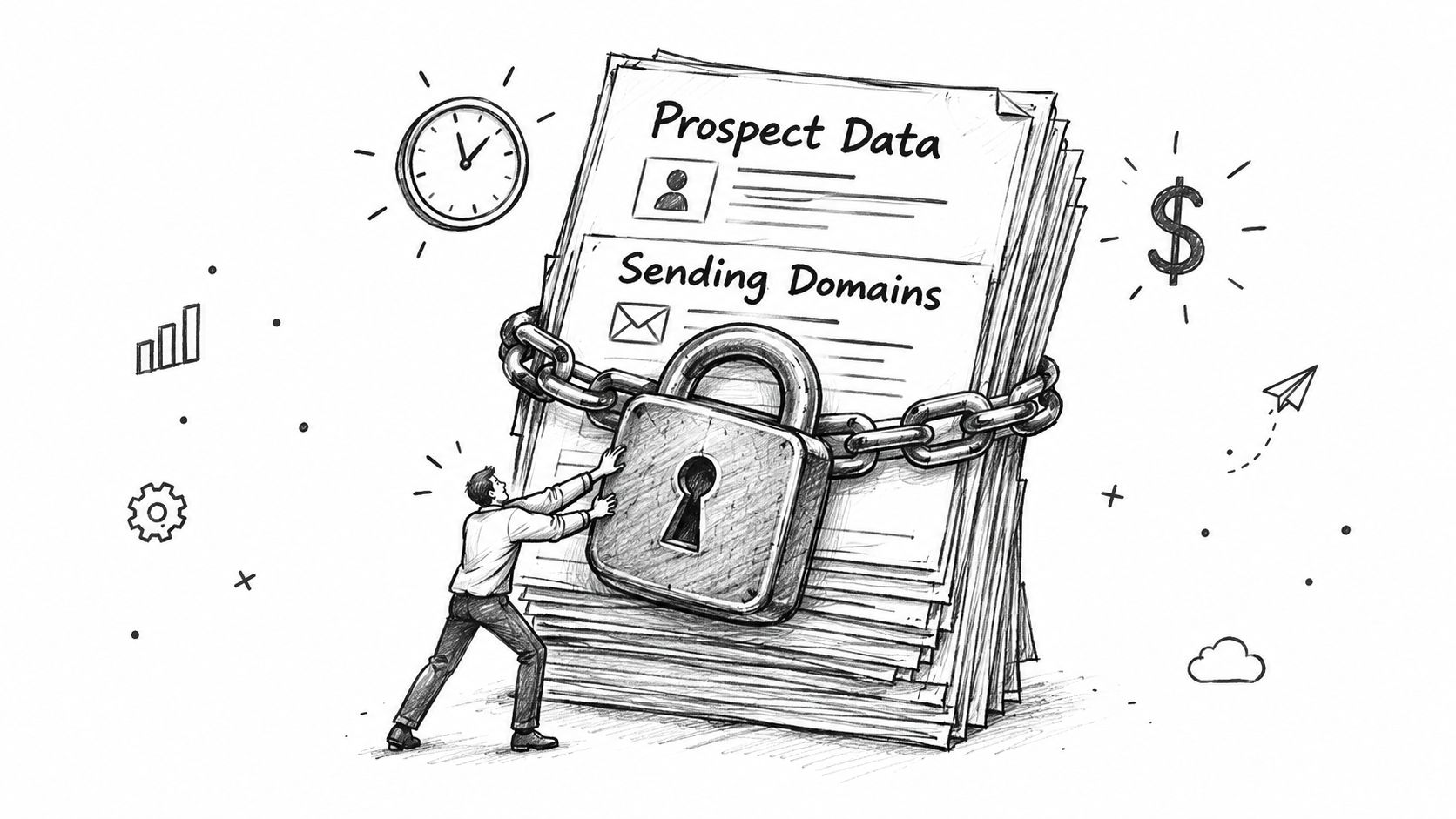 A person pushing against a large stack of documents secured by a chain and a heavy padlock.