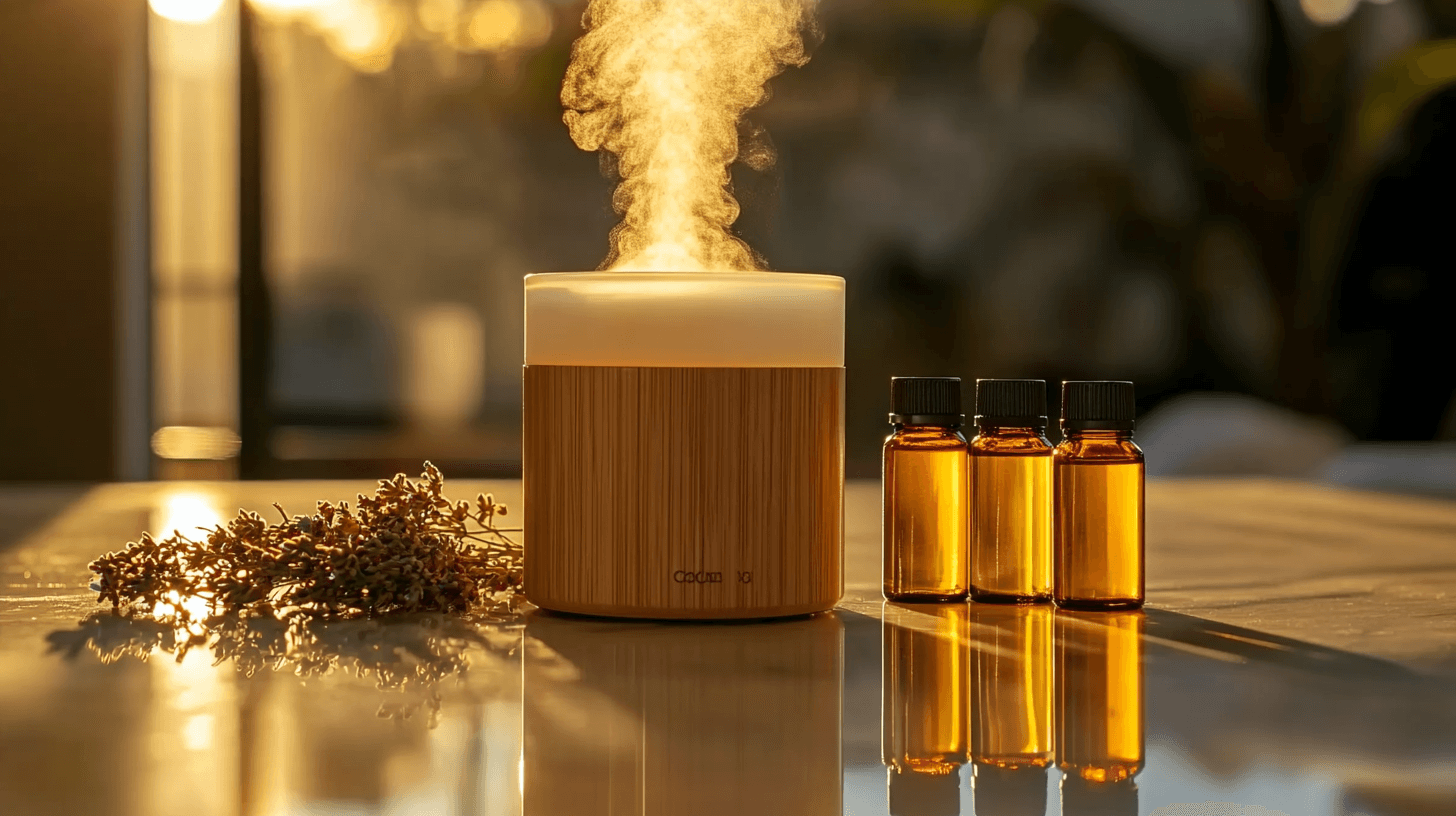 A wooden essential oil diffuser emitting a gentle mist, surrounded by small bottles of essential oils and dried herbs. The soft lighting enhances the cozy and therapeutic setting.