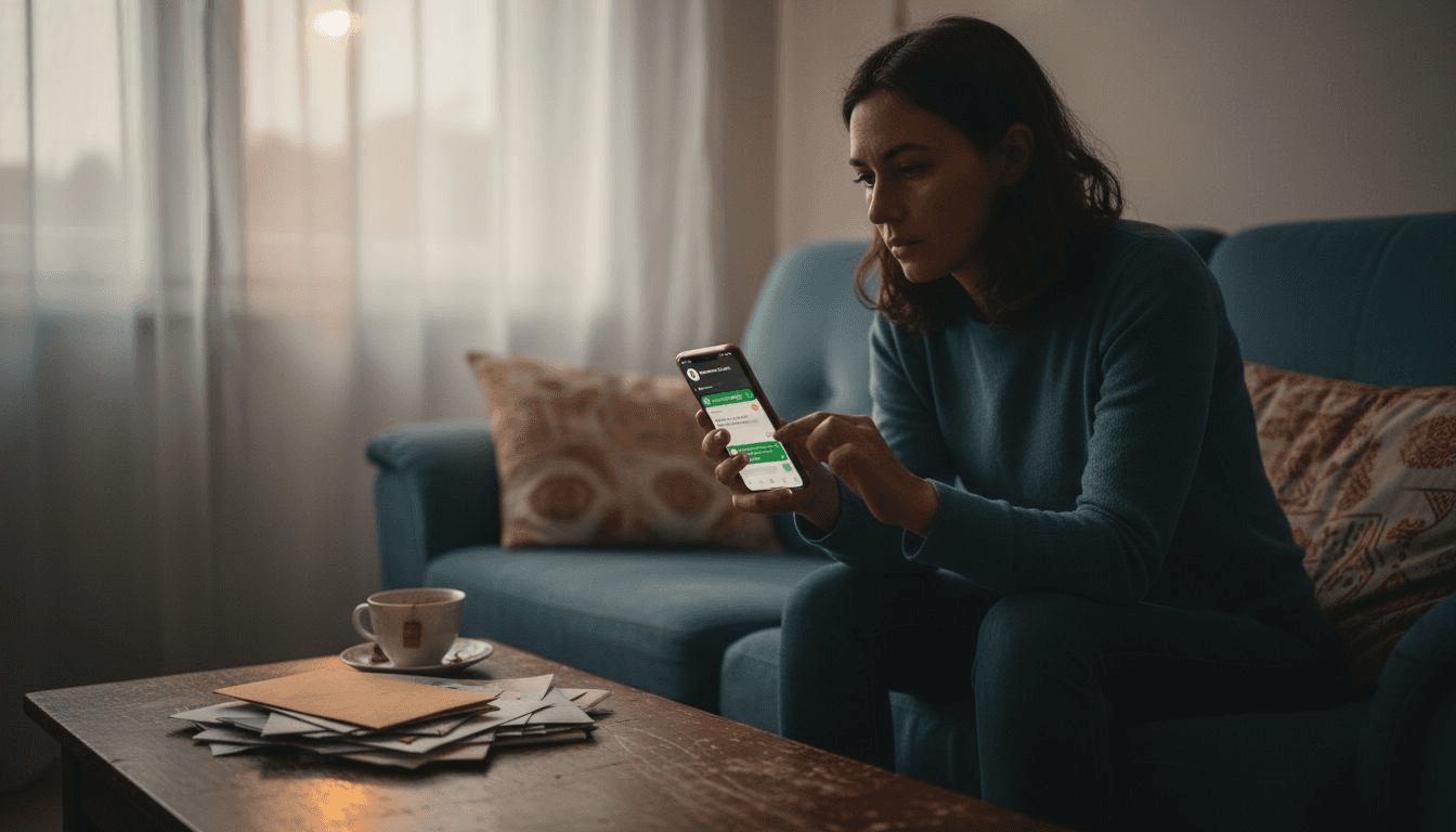 Woman messaging emotional coach on WhatsApp at home