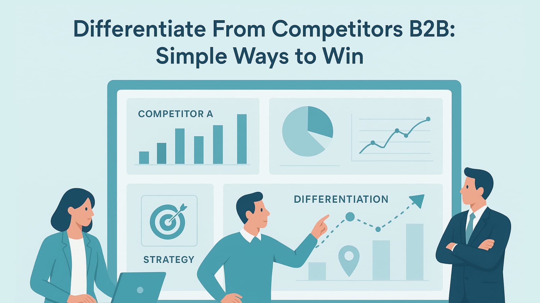 Illustration showing a team using strategy dashboards to Differentiate from Competitors B2B in a clear, modern workspace.