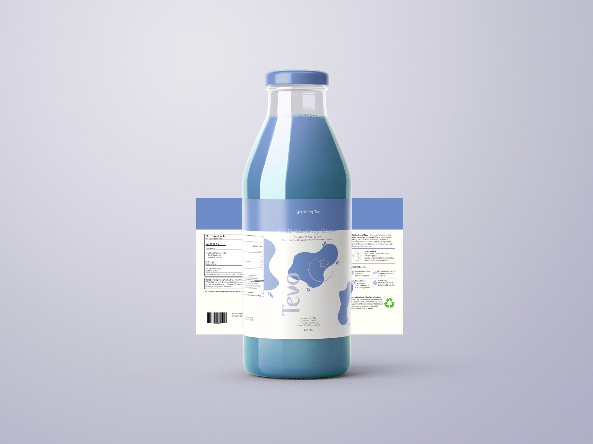 Light blue bottle with gold cap and Tevo Wild Blueberry label.