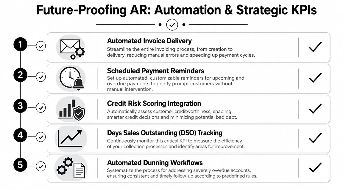 A five-step guide showing key automation strategies and KPIs to optimize accounts receivable and streamline collections.