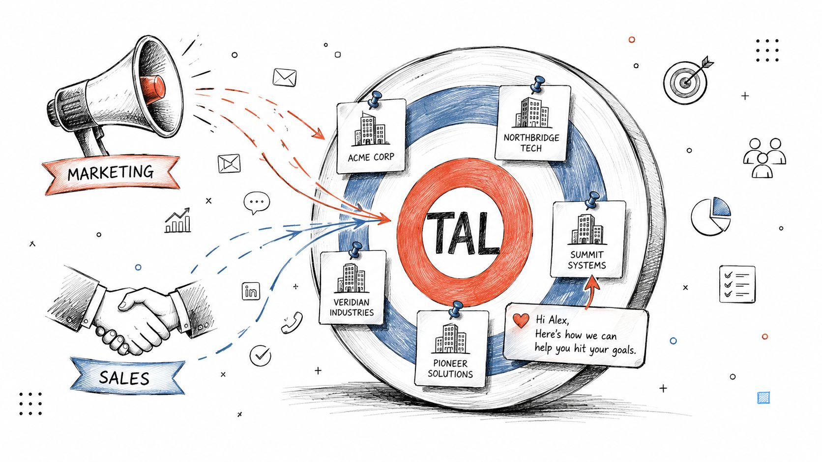 A hand-drawn illustration showing marketing and sales efforts aligning to target specific companies on a dartboard.