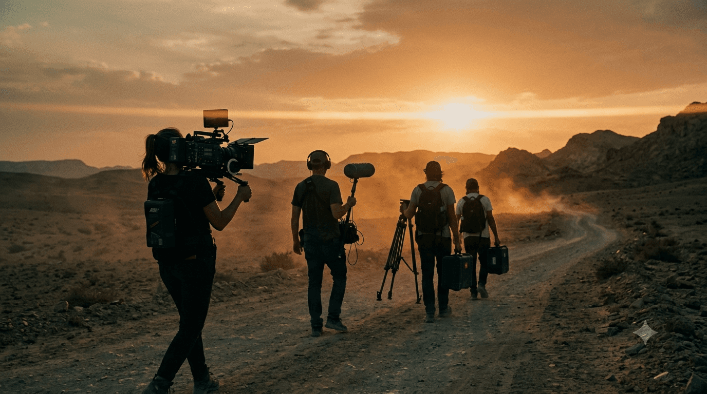 Documentary film crew from FishEye Films shooting at golden hour on a desert border road with cinema camera rig