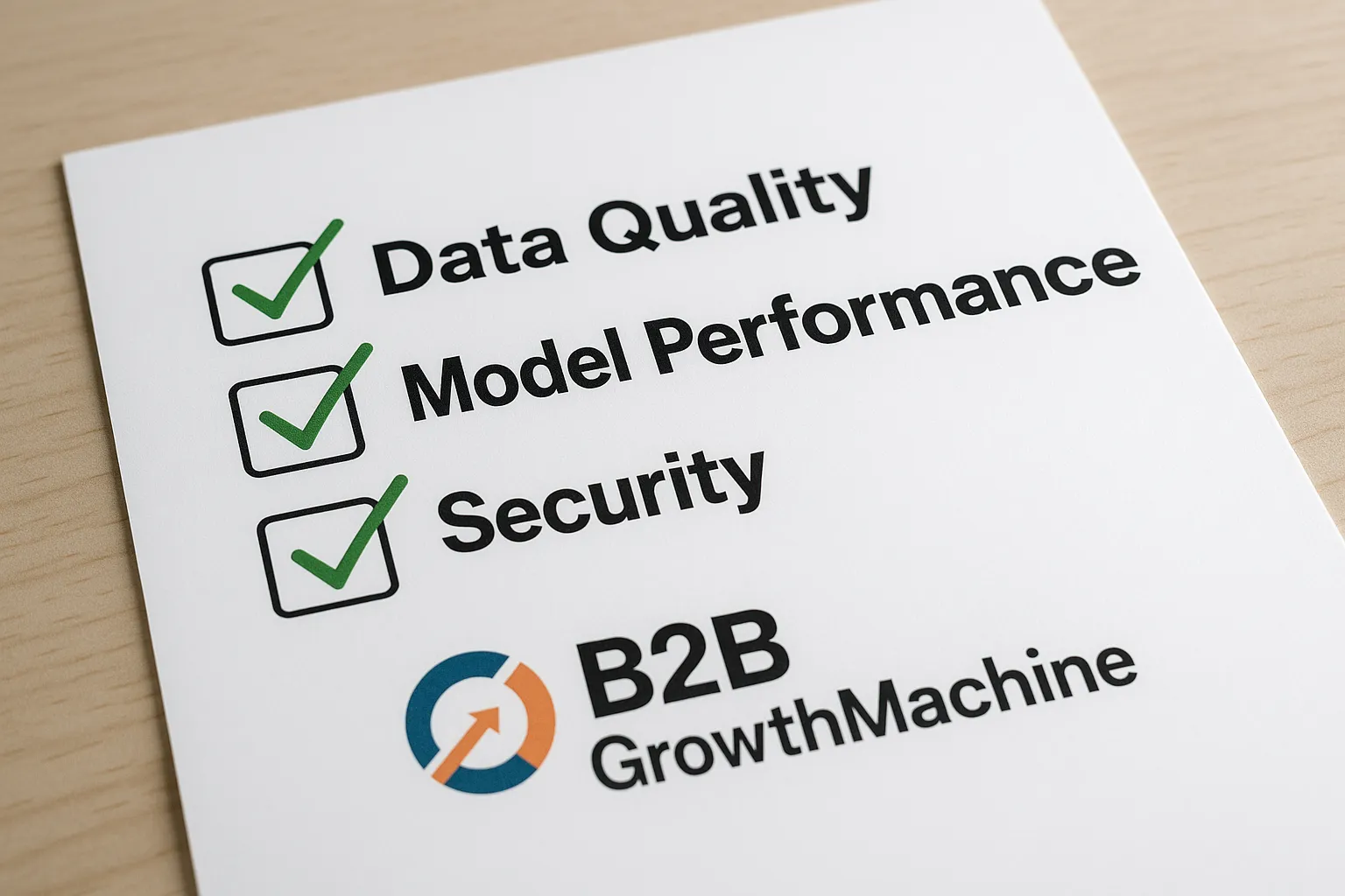 Een visuele checklist met groene vinkjes naast datakwaliteit, modelperformance en security, boven het logo van B2B GrowthMachine.
