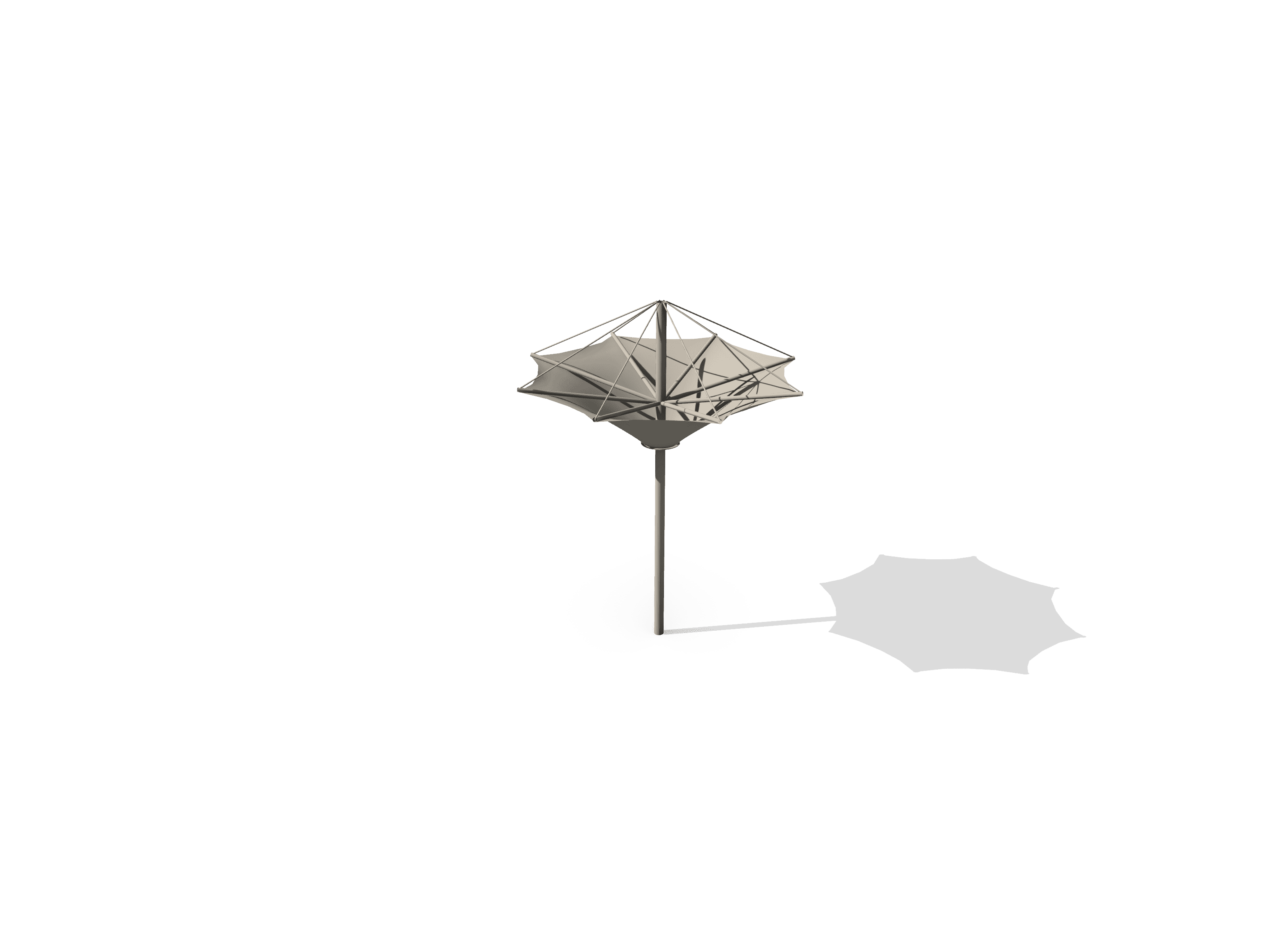 Three-dimensional model of an open umbrella casting a shadow at 10 AM