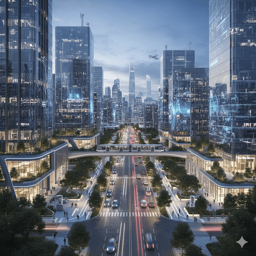 Futuristic mixed-use building facade with smart glass technology on Noida Expressway.