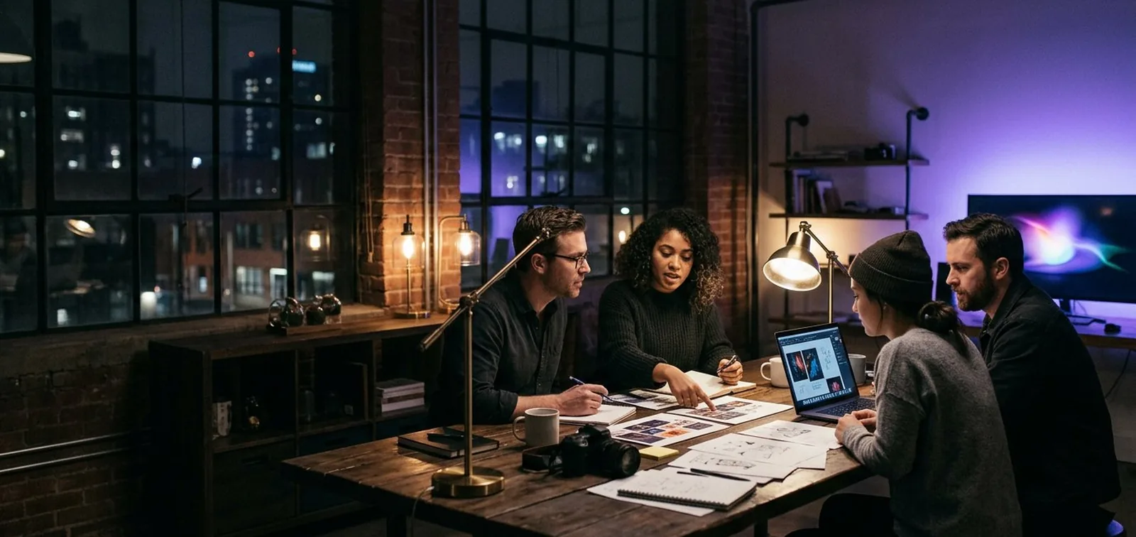 The team working together around a table in the studio at night
