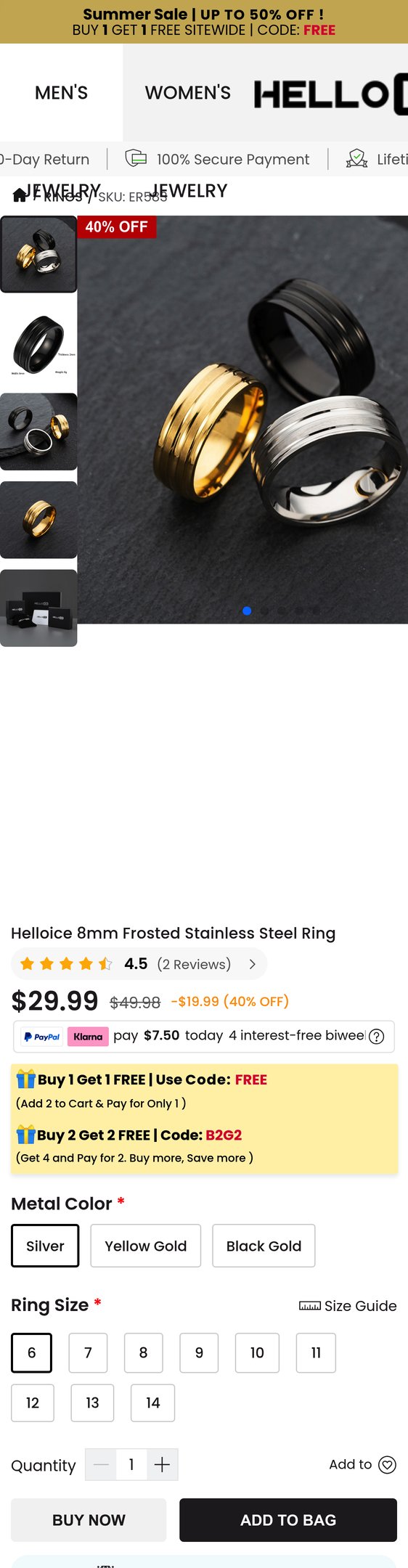 Jewelry product options include: ring for 8mm Frosted Stainless Steel Ring from Hello Ice.
