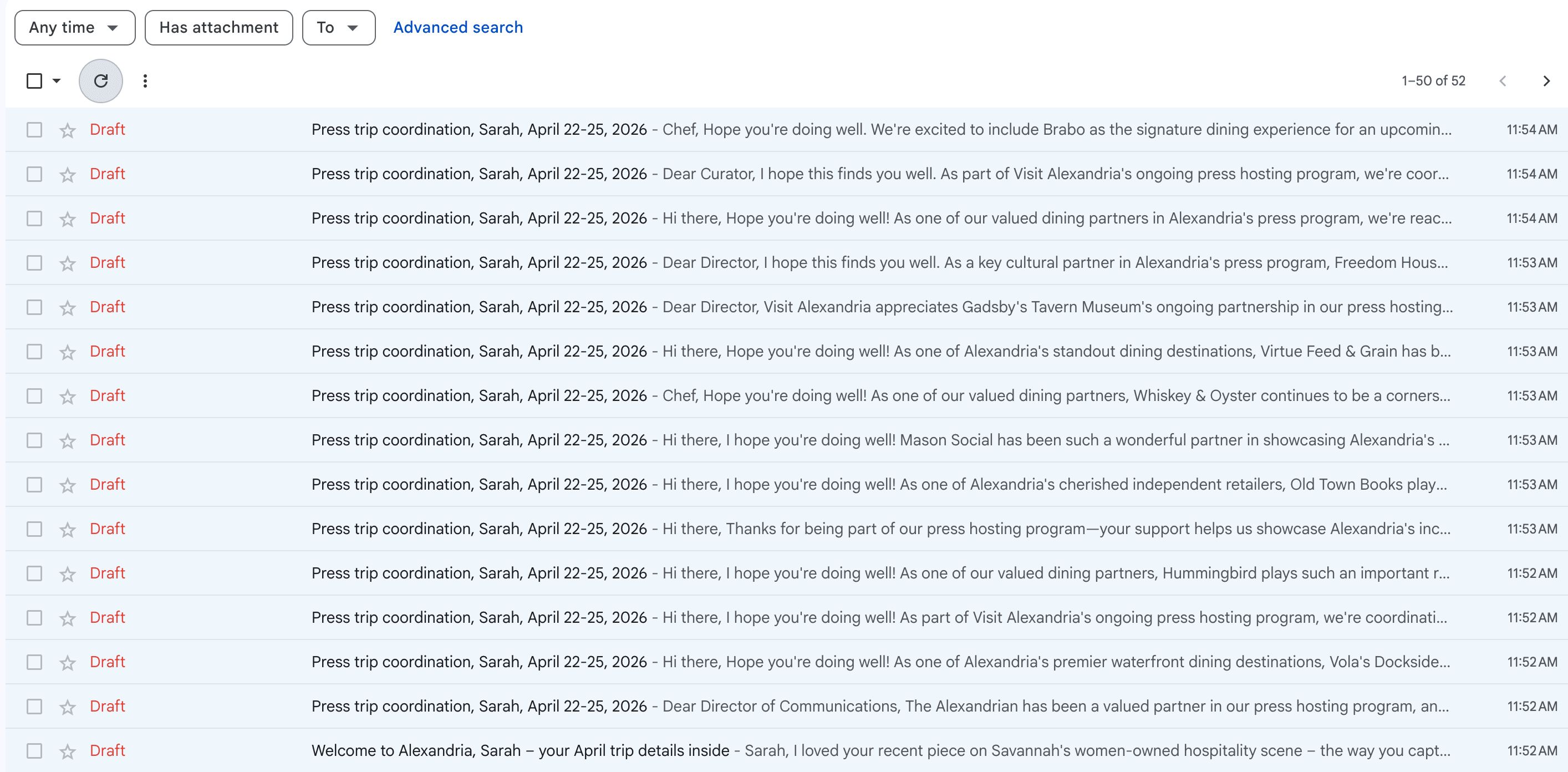 Every partner email drafted and ready to send. Note: Sample destination and data used.