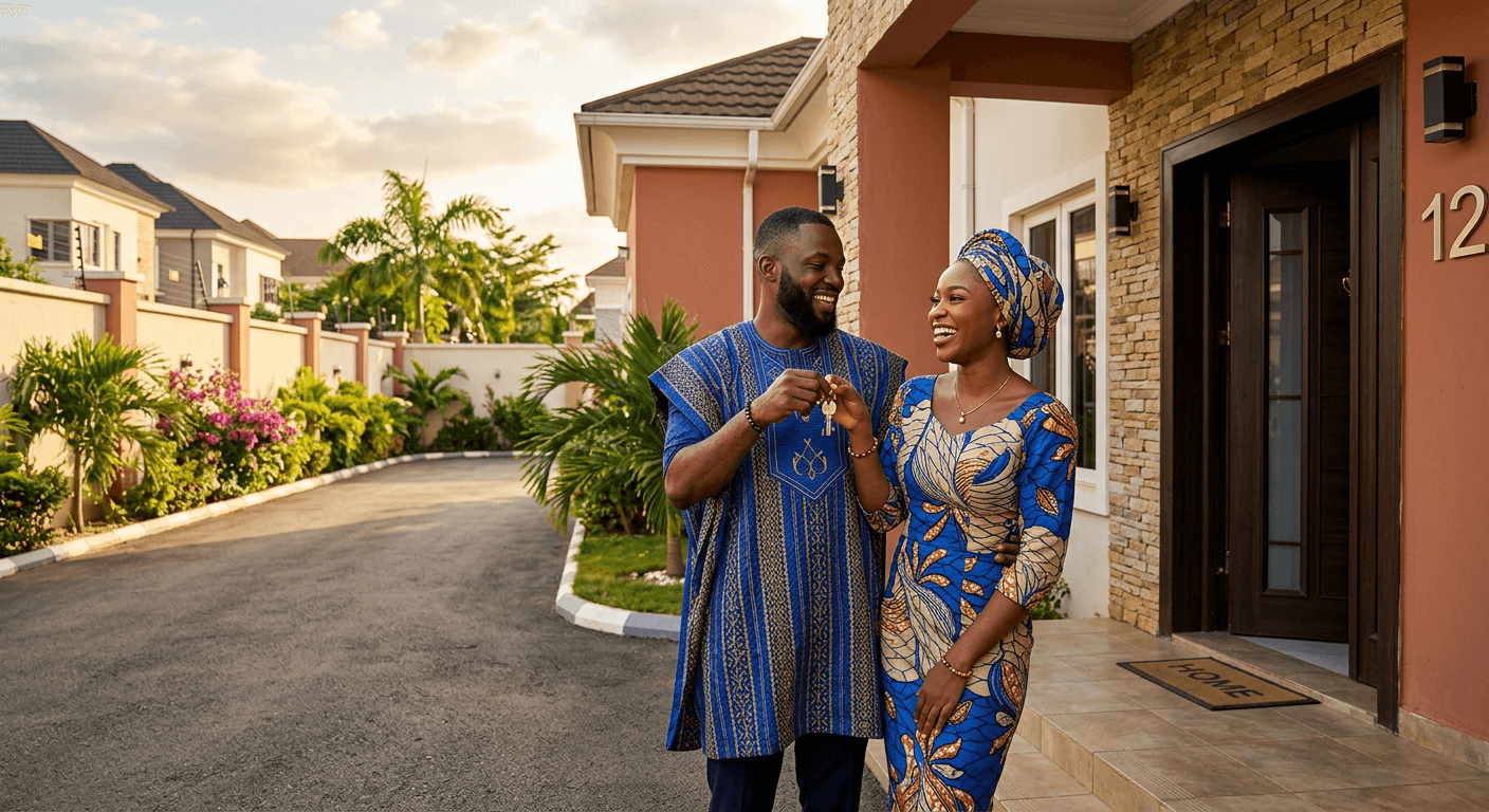 A quaint house surrounded by colorful flowers under a soft, muted sky with distant trees in the background.