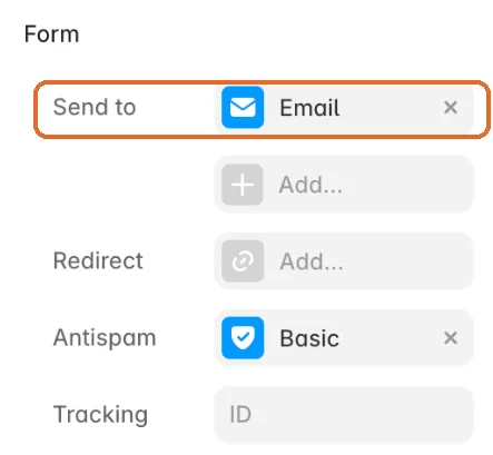 Framer right panel with the Form settings and the Send to field marked
