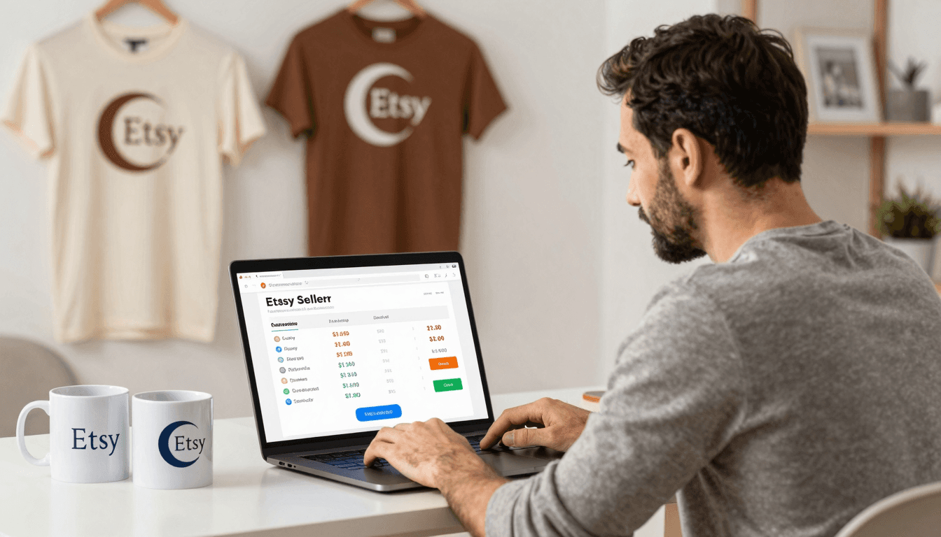 Etsy seller reviewing fee breakdown on a laptop while holding a print-on-demand t-shirt