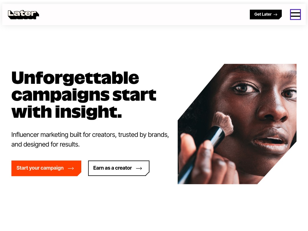 Woman applying makeup with brush beside marketing campaign text.