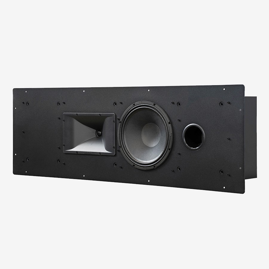 Black speaker panel with horn, woofer, and port