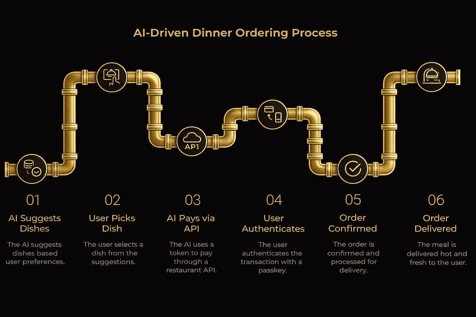 Flow diagram of AI-driven dinner ordering where an AI suggests dishes, pays via API, user authenticates with passkey, and order is confirmed and delivered.