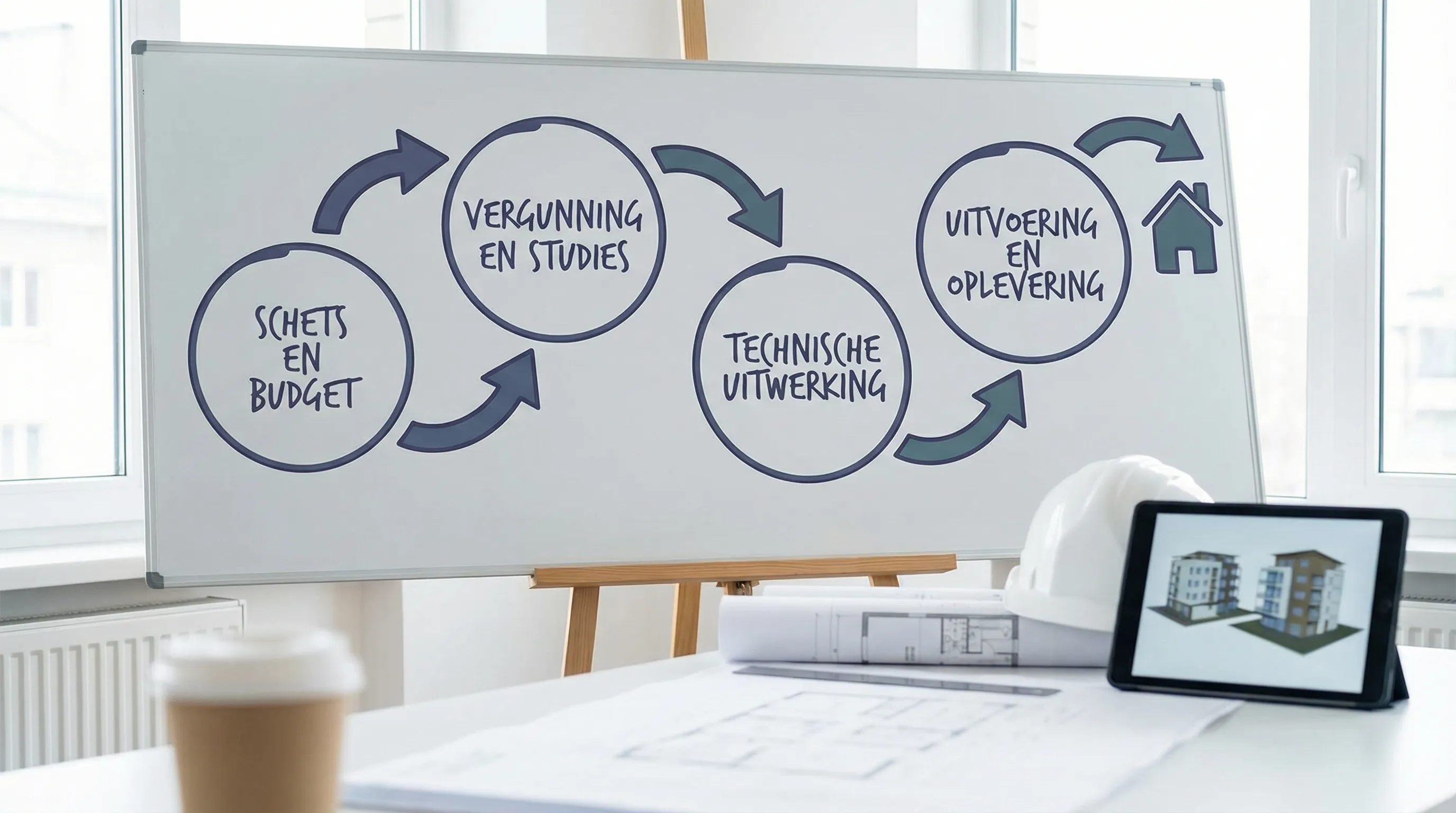 Eenvoudige flowvisual: schets en budget, vergunning en studies, technische uitwerking, uitvoering en oplevering, met pijlen die het traject van een nieuwbouw woning tonen.