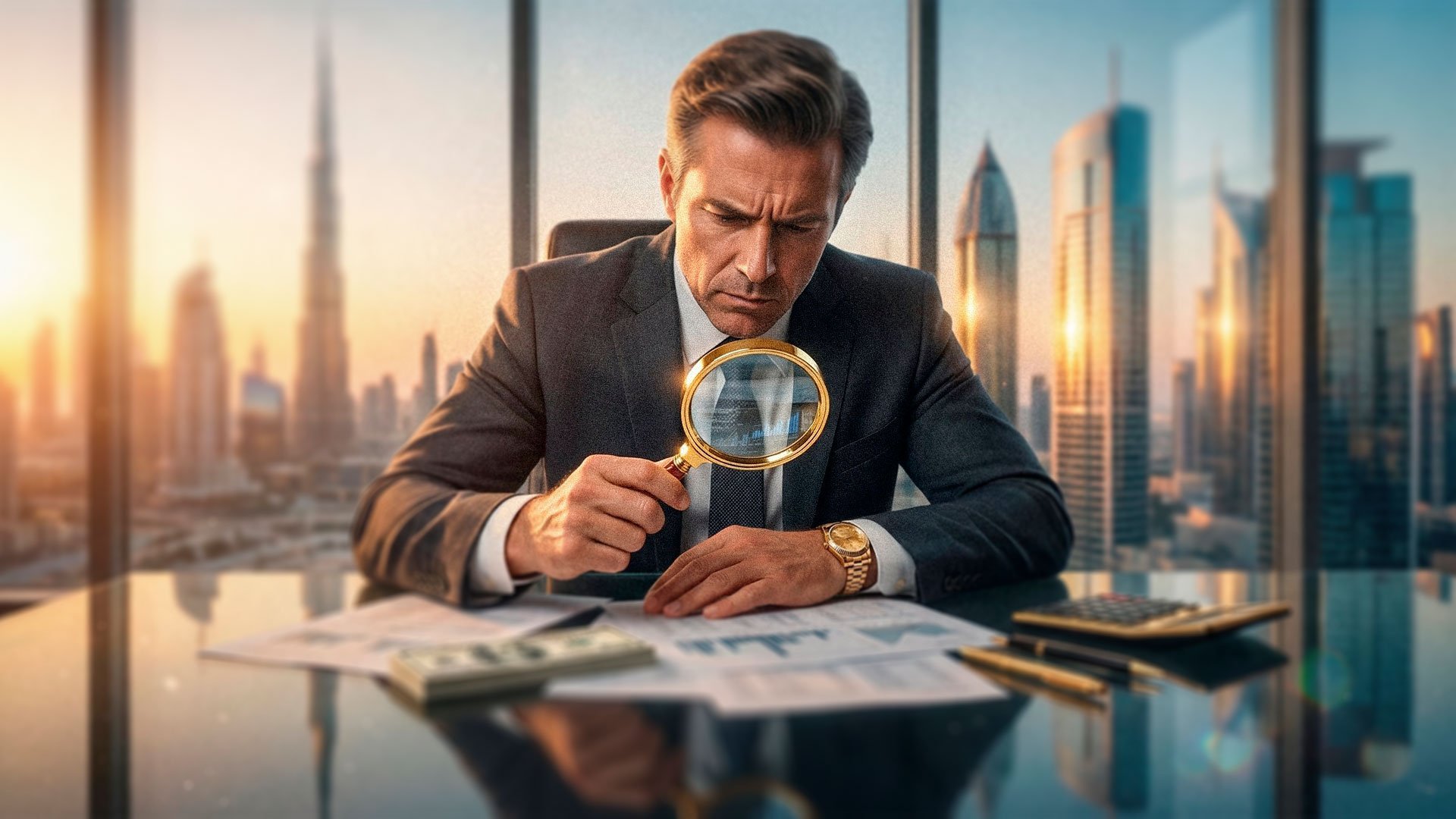 Inversor revisando datos financieros para evaluar una inversión inmobiliaria en Dubái con el Burj Khalifa al fondo.