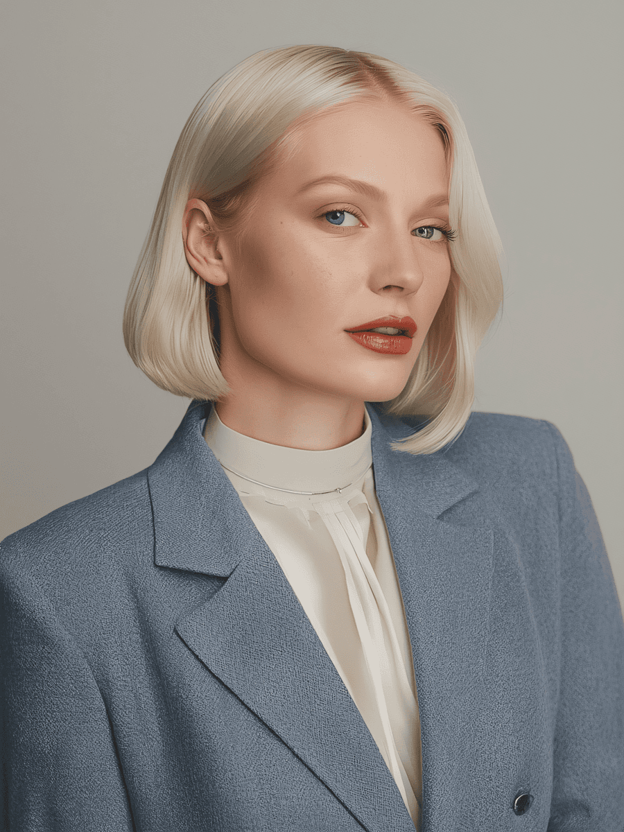 Studio portrait of a woman with short blonde hair wearing a blue blazer and light top, looking slightly to the side against a neutral background.