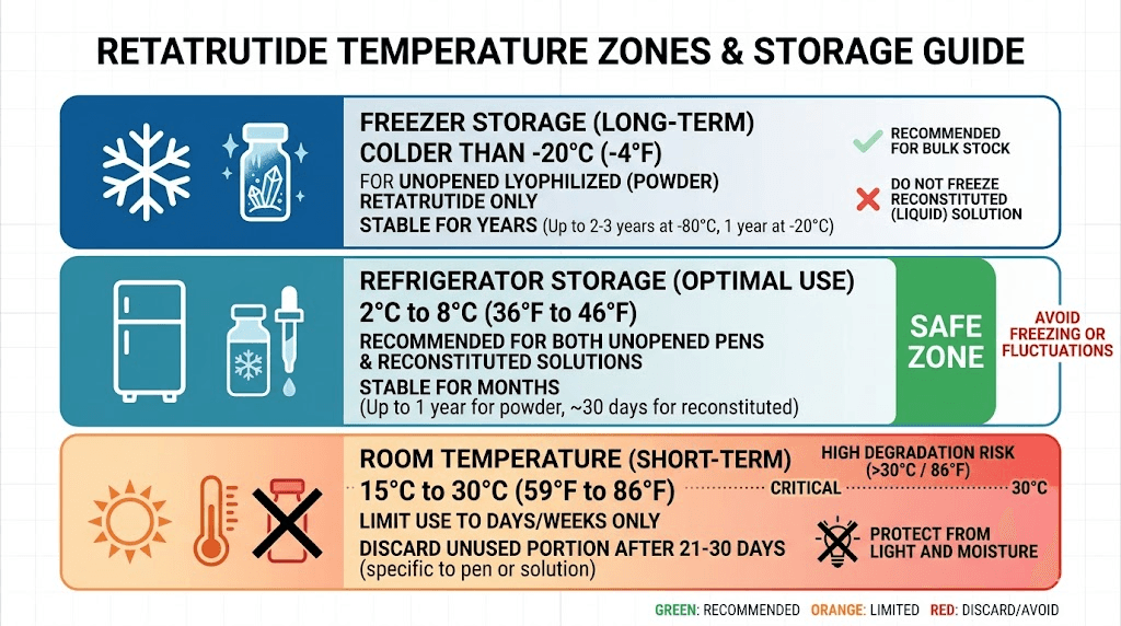 Retatrutide storage temperature zones chart showing safe and dangerous ranges