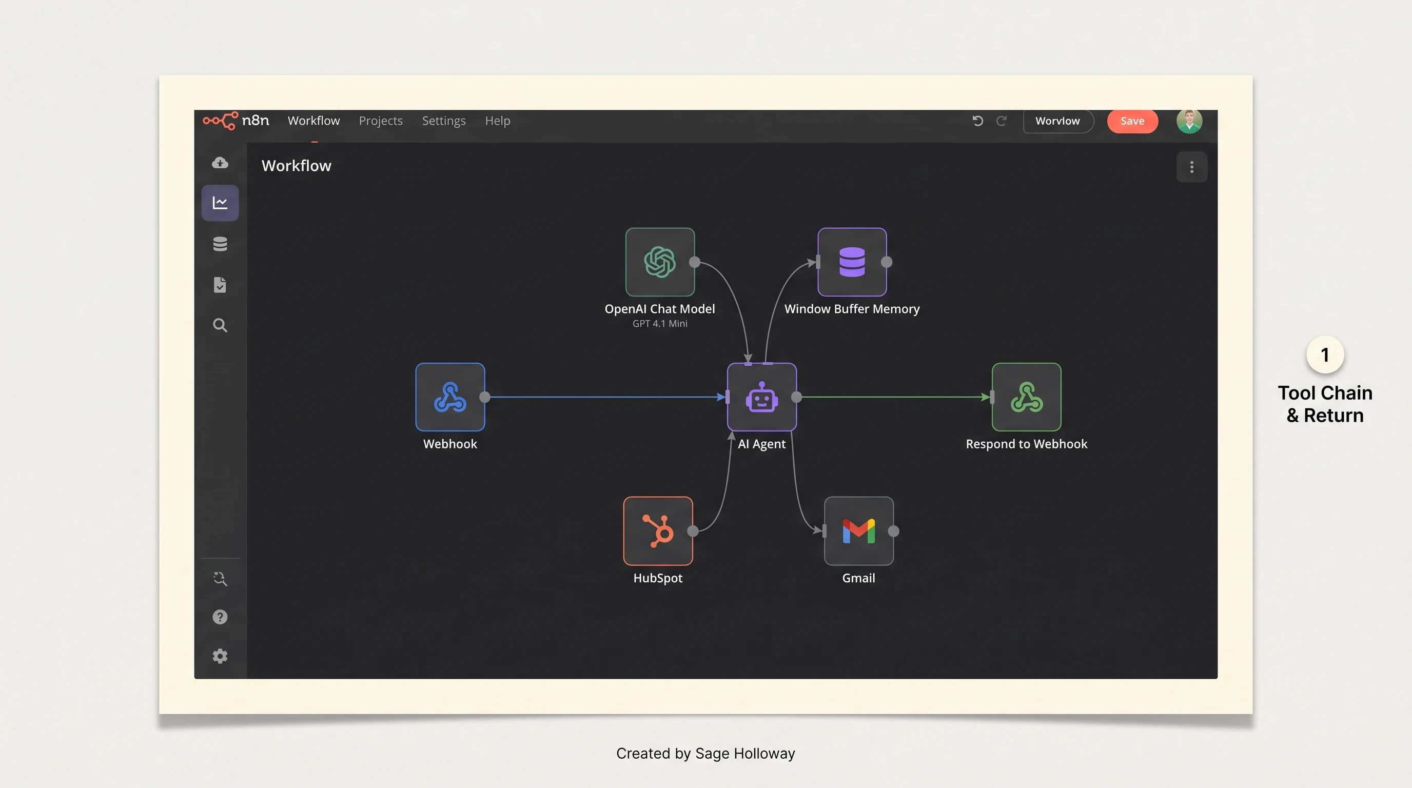 Teaching reconstruction of n8n AI Agent tool chain canvas with Webhook trigger and Respond to Webhook node
