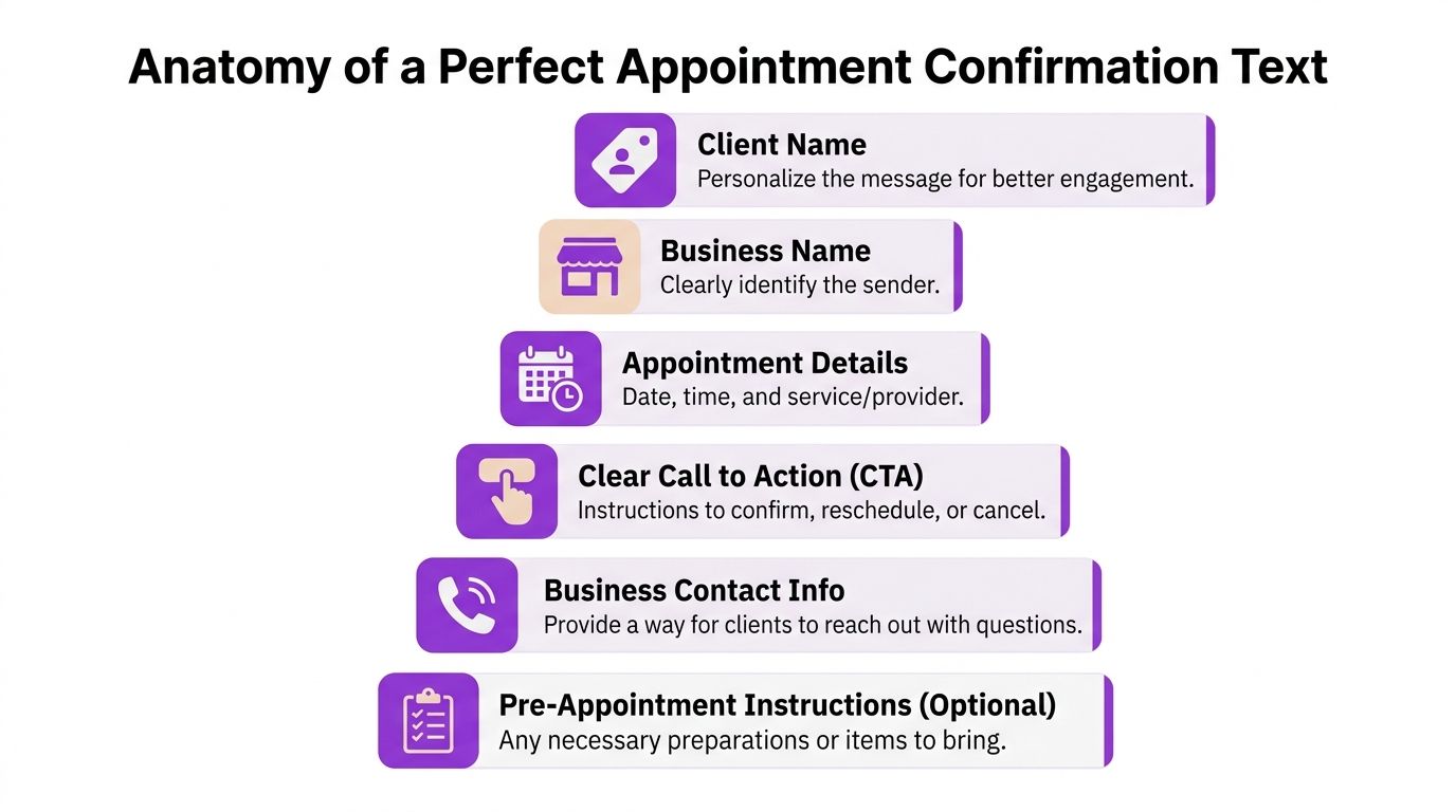 An infographic titled Anatomy of a Perfect Appointment Confirmation Text outlining six essential components for business messages.