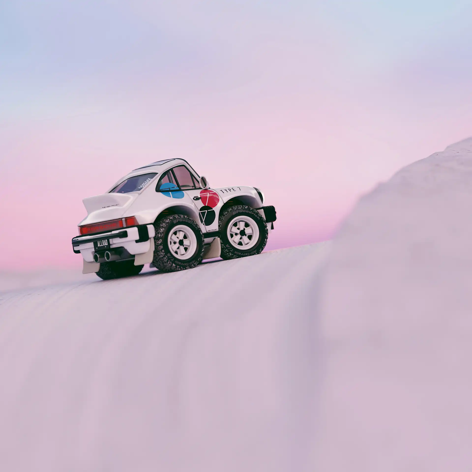 A digital rendering of a white Porsche sports car in snow.
