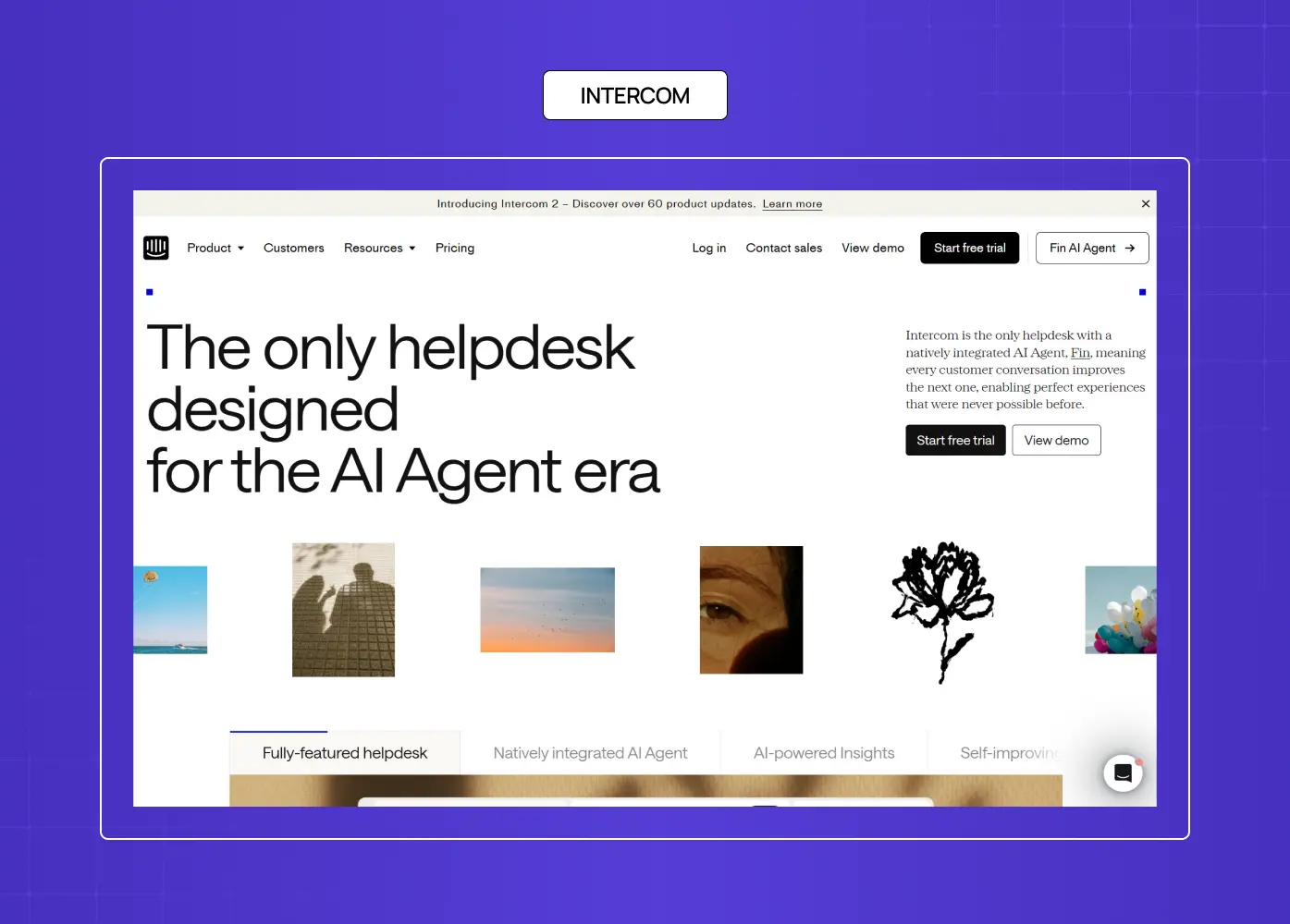Intercom homepage promoting an AI-native helpdesk platform designed for the AI agent era.