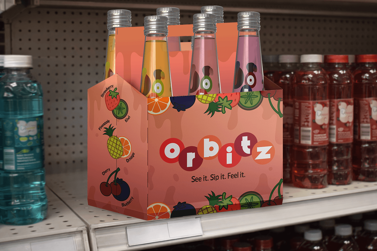 A case of Orbitz soda sitting on a shelf