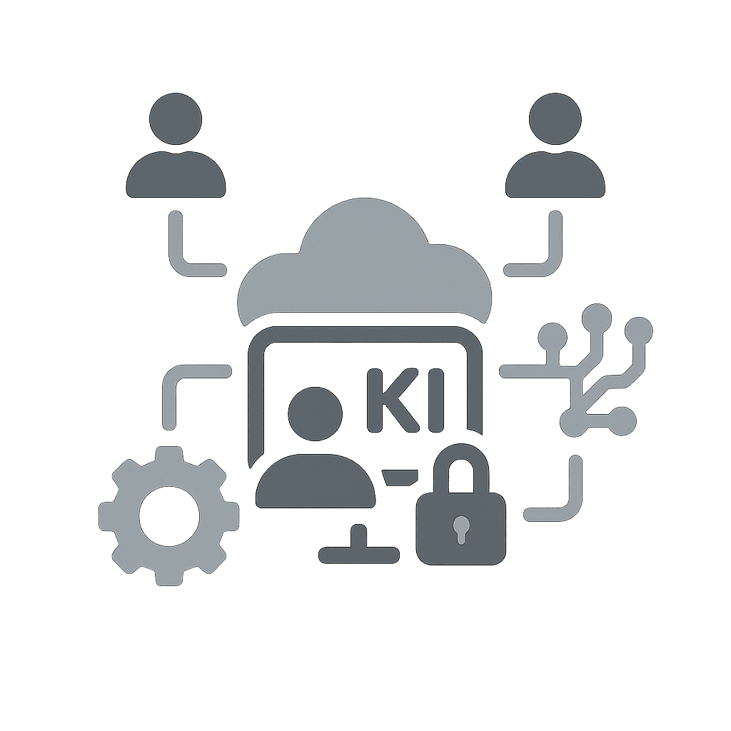 Zentrale Netzwerkknoten-Illustration in Graustufen mit Cloud, verbundenen Nutzer- und Technik-Icons. Zeigt digitale Machtverhältnisse und Plattformdominanz im abstrakten Stil.