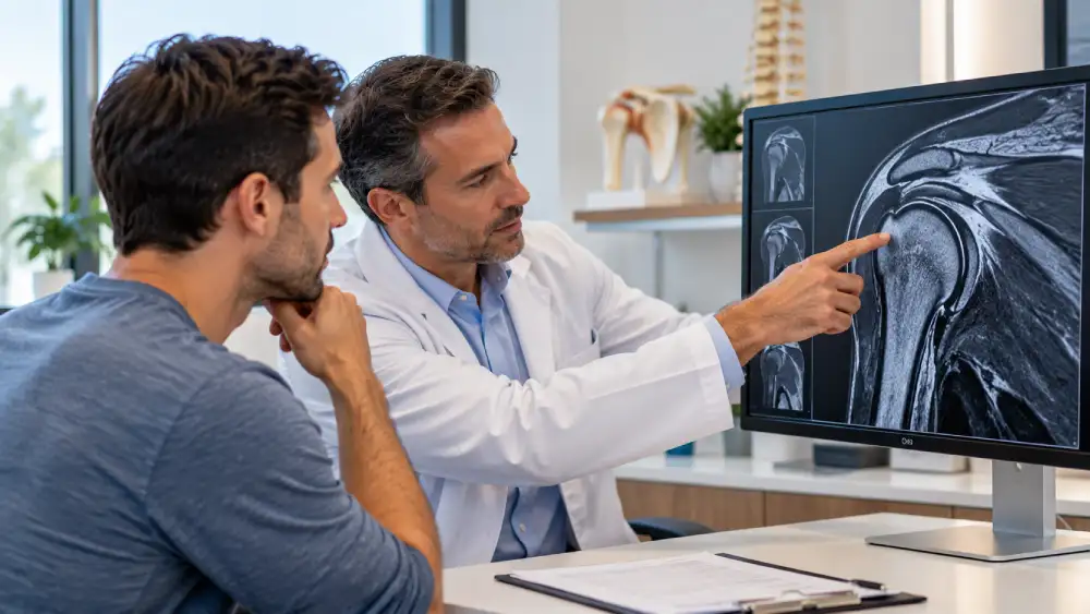 Clinician reviewing a shoulder MRI for a possible rotator cuff tear