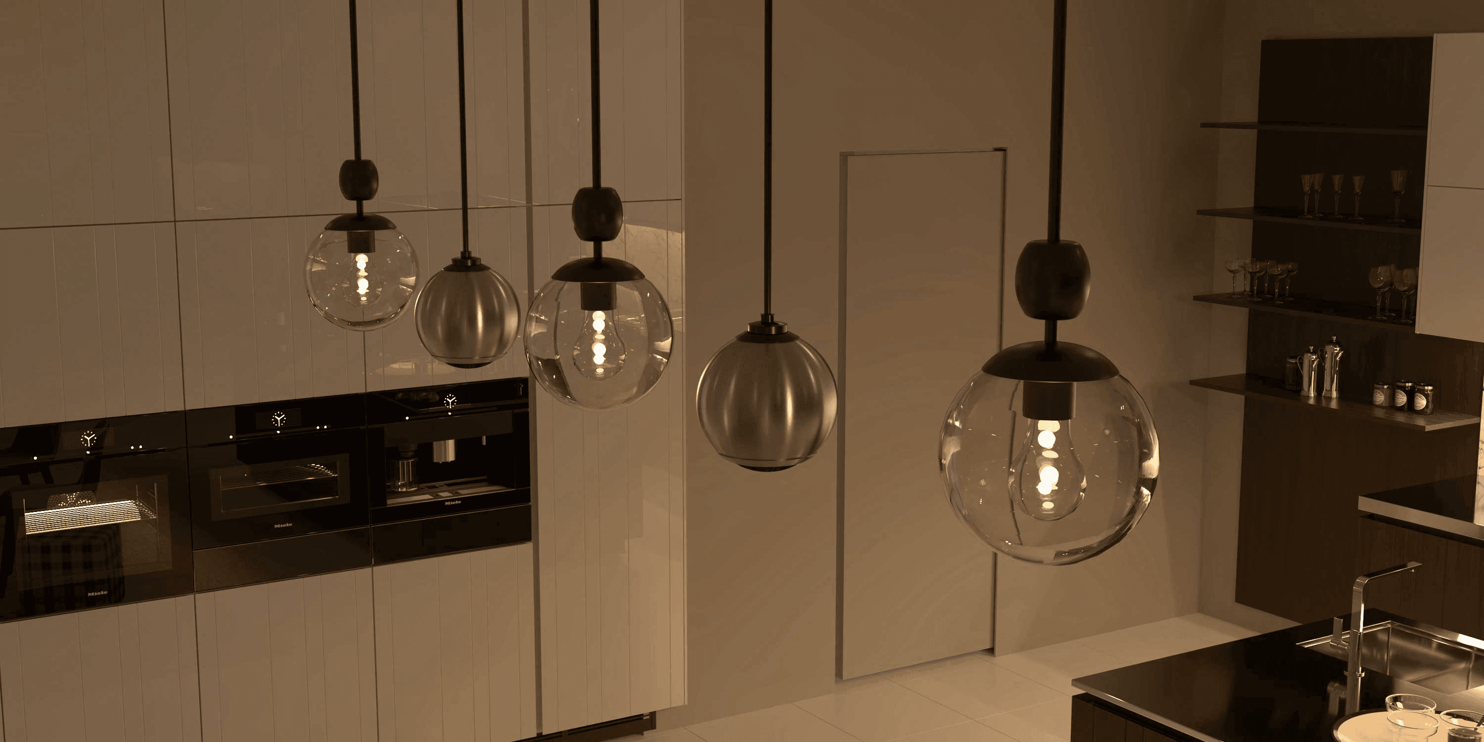 Modern kitchen with glass pendant lights and built-in appliances.