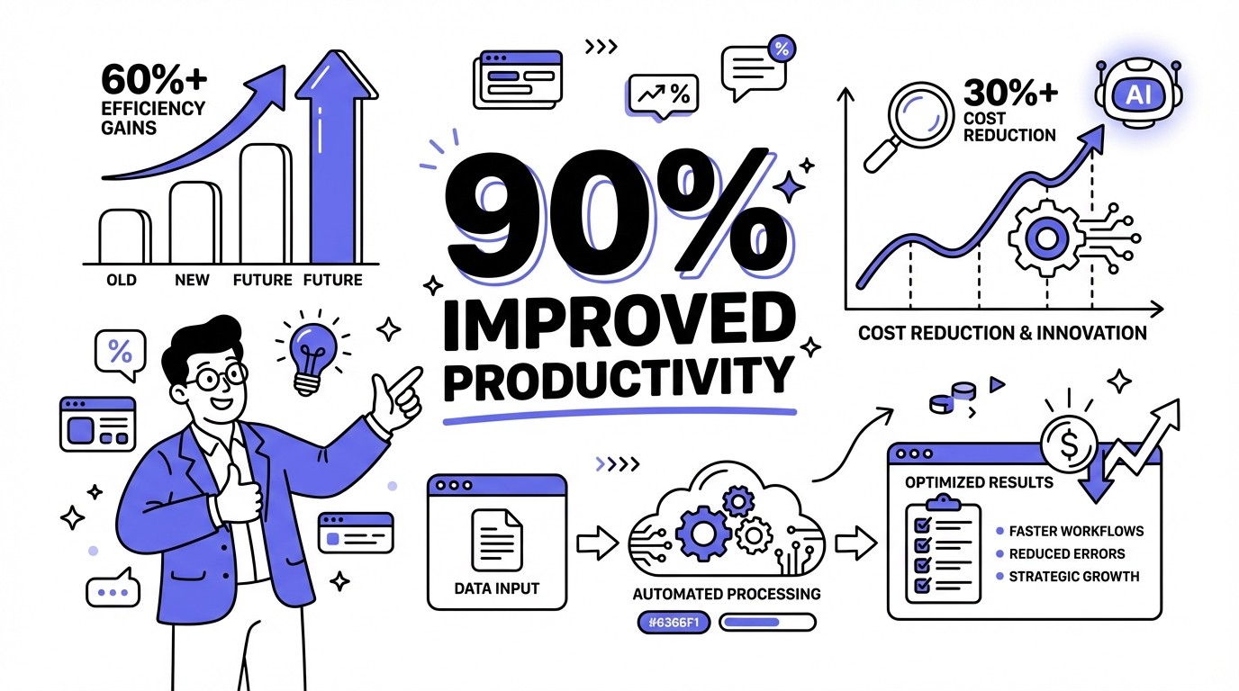 An infographic titled 'The Impact of Automation' with a modern, tech-focused design. It prominently displays '90% improved productivity' in large numbers. The graphic includes various data visualizations such as bar charts, line graphs, and percentage circles, all in shades of blue, teal, and purple against a light background. Stylized icons representing technology, efficiency, and growth are integrated throughout the design.