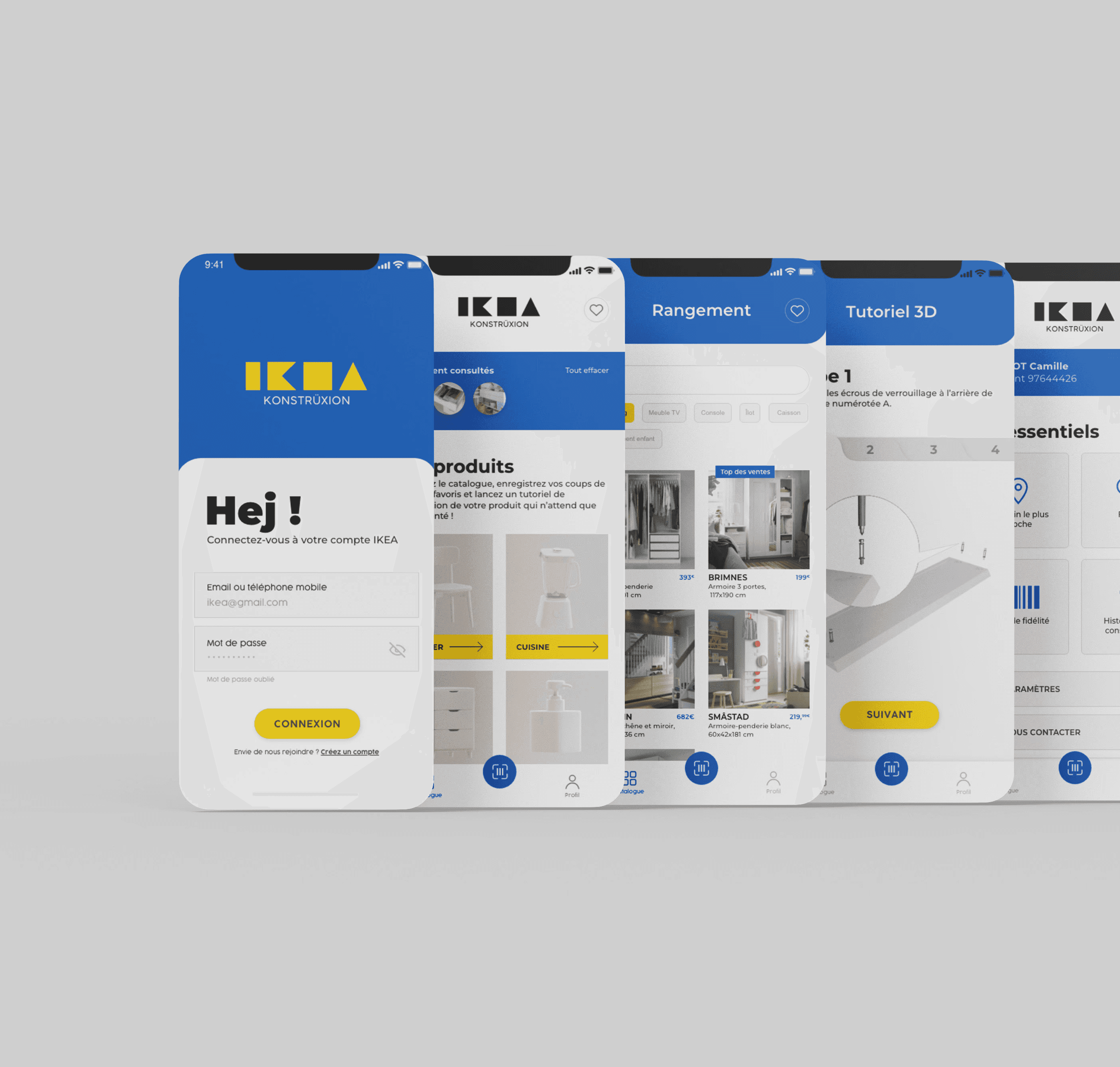 Webdesign de l’application IKEA Konstrüxion sur écran iPhone, interface intuitive