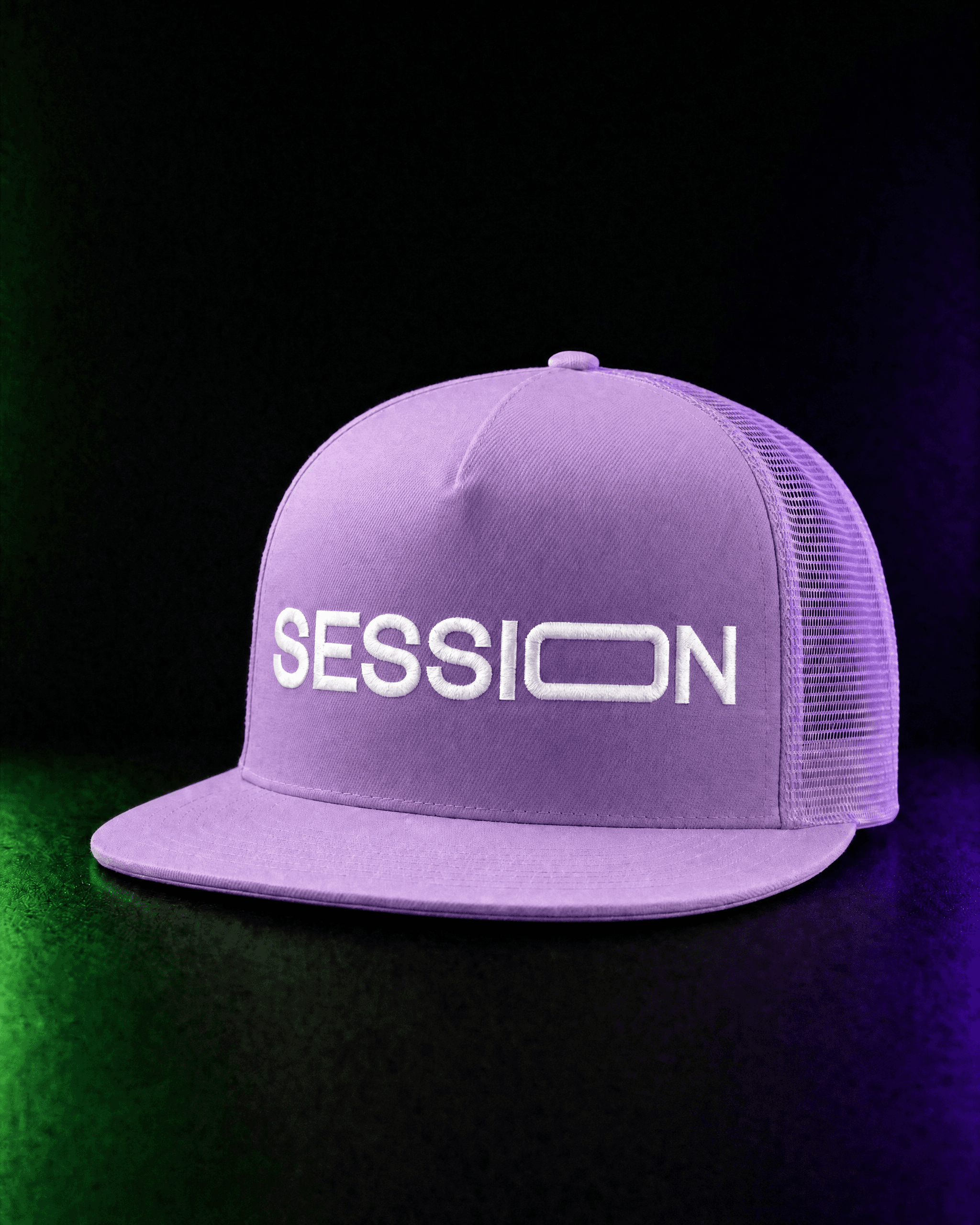 Front of a light-purple Session Zone flat-bill snapback hat with white SESSION lettering.