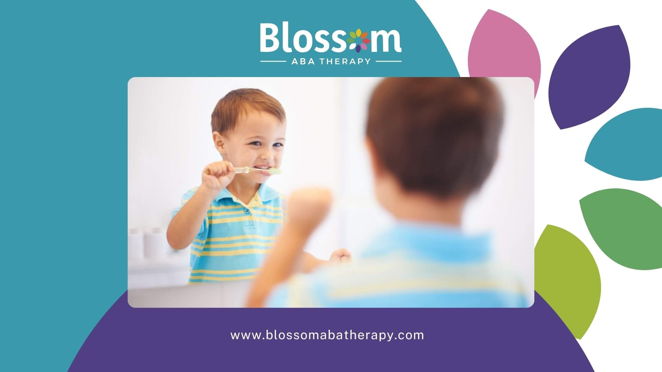 Autistic child brushing teeth in front of a mirror.