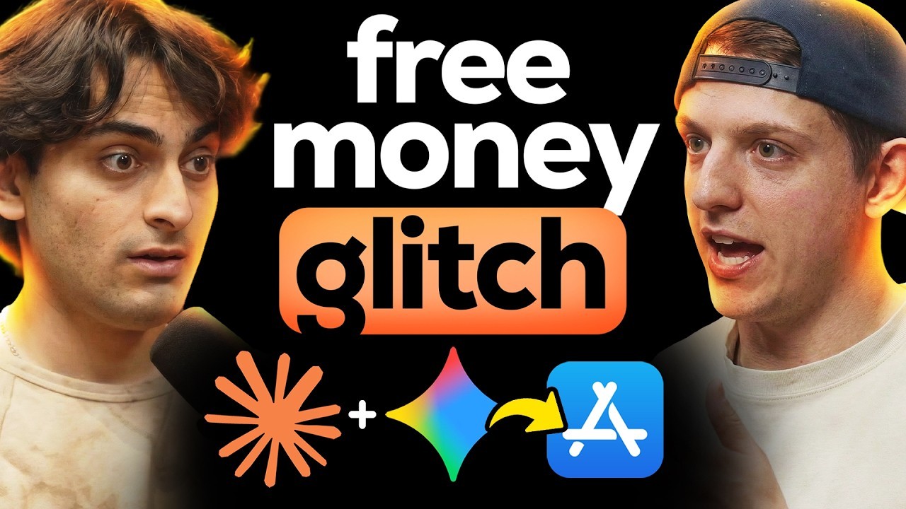 Riley Brown AI-style iOS payments thumbnail with two creators and free money glitch text