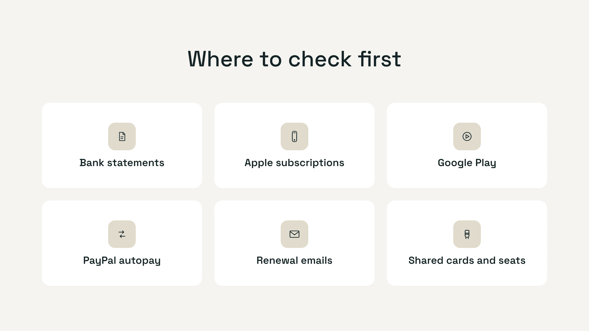 Grid showing the places to check for hidden subscriptions: bank statements, Apple subscriptions, Google Play, PayPal autopay, renewal emails, and shared cards or seats.